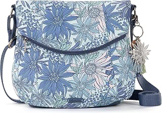 Women's Foldover Bag in Eco-Twill, Multifunctional Purse with Adjustable Strap & Zipper Pockets, Sustainable & Durable Design Crossbody Strap, Denim Flower Garden, One Size