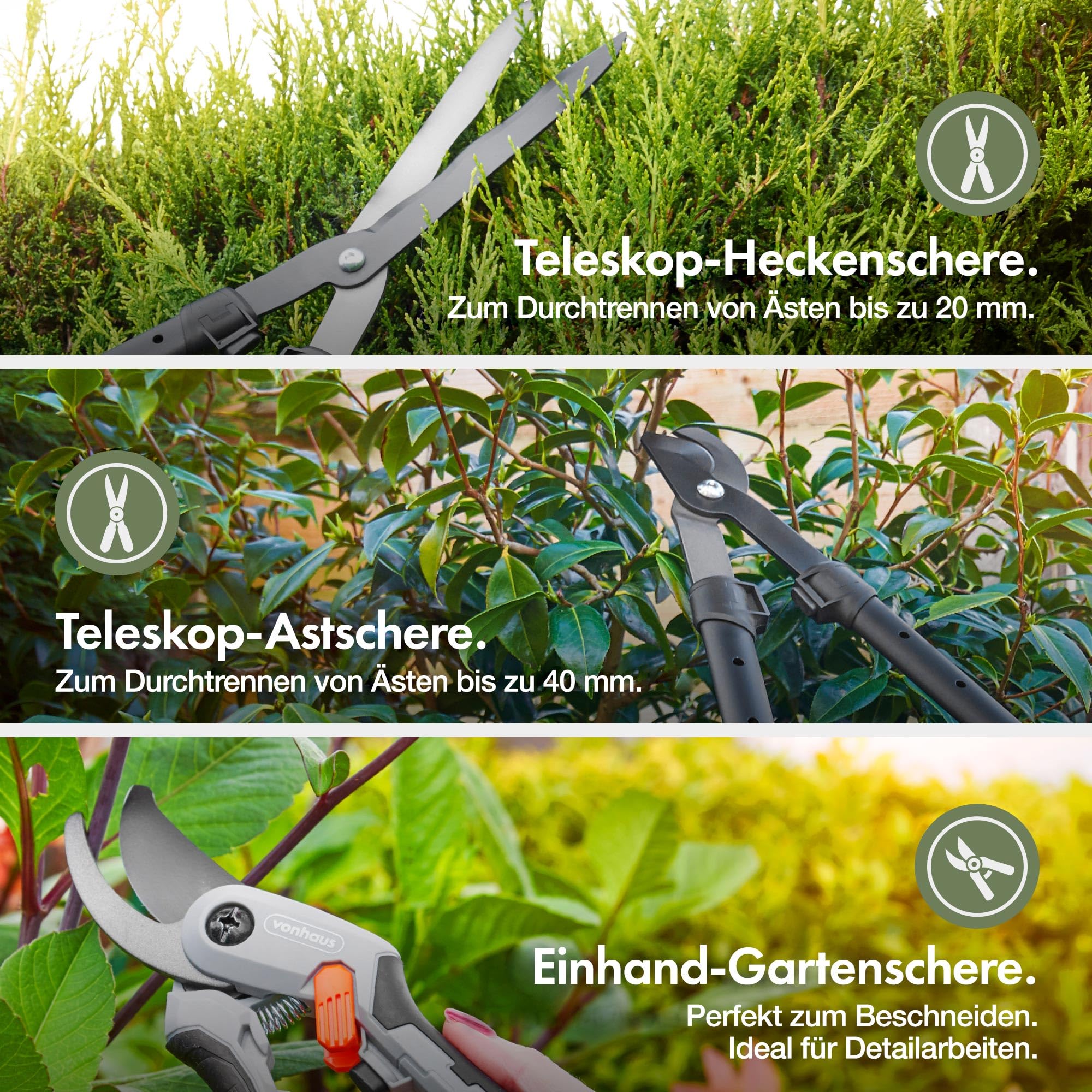 VonHaus 3-Teiliges Gartenscheren Set – Baumschere, Heckenschere, Gartenschere – Teleskopisch Verlängerbare Strauchschere mit Weichen Griffen – Leicht