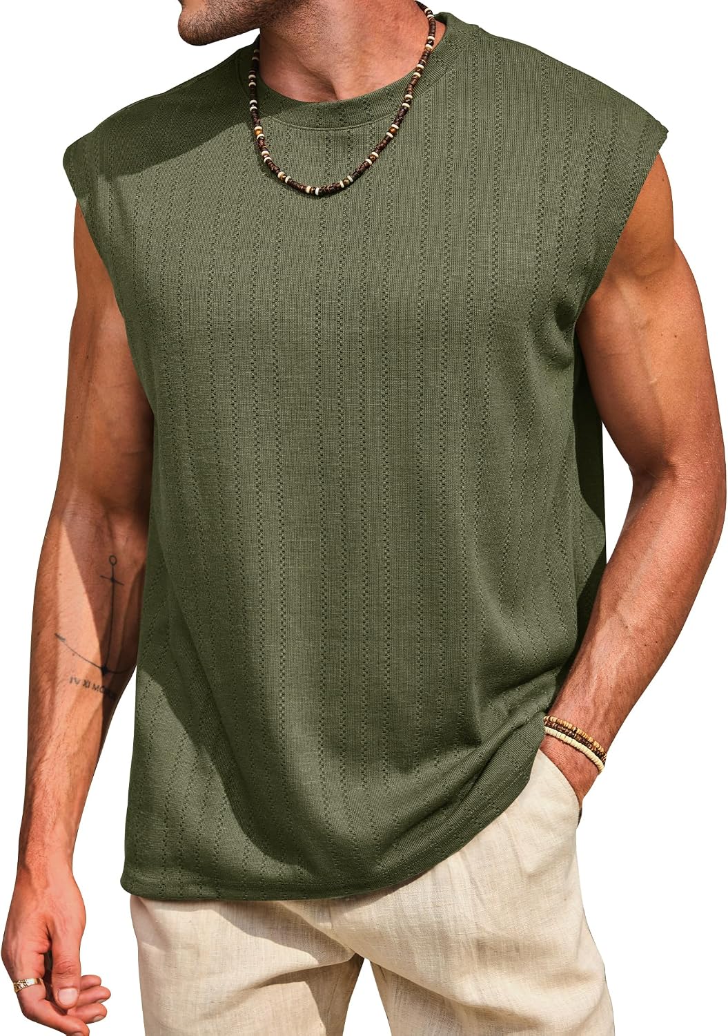 Mens Knit Tank Tops Textured Hollow Out Summer Sleeveless T-Shirt (S-XXL)