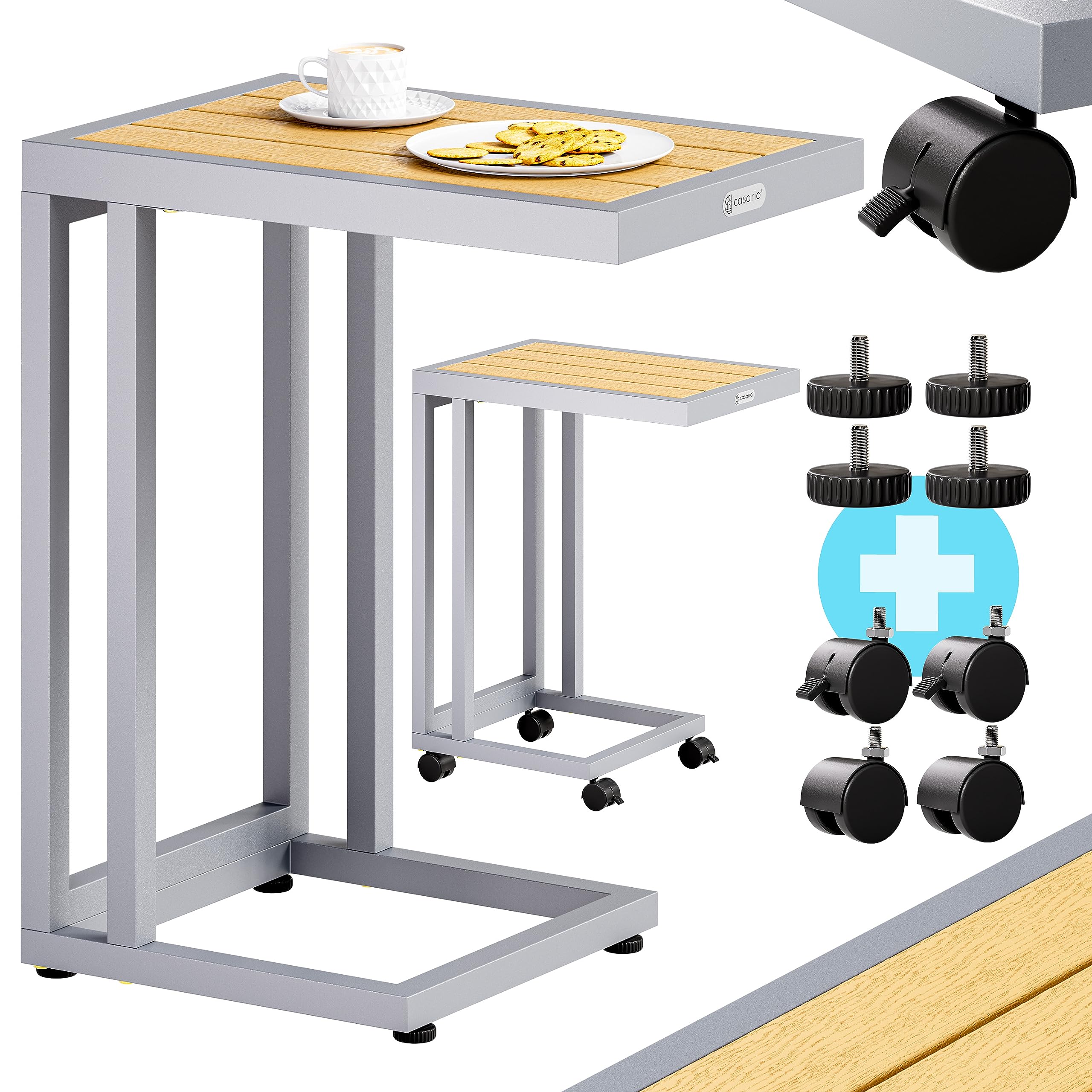 CASARIA® Mesa Auxiliar Forma C Mesita Lateral 4 Ruedas Carga 25Kg Crema