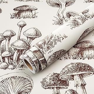 Livelynine 17.5x591 Peel and Stick Wallpaper Mushroom Modern Farmhouse Cottage Core Wall Paper for Bathroom Kitchen Black Cream Vintage Cottagecore Contact Paper for Cabinets Waterproof Vinyl Wrap