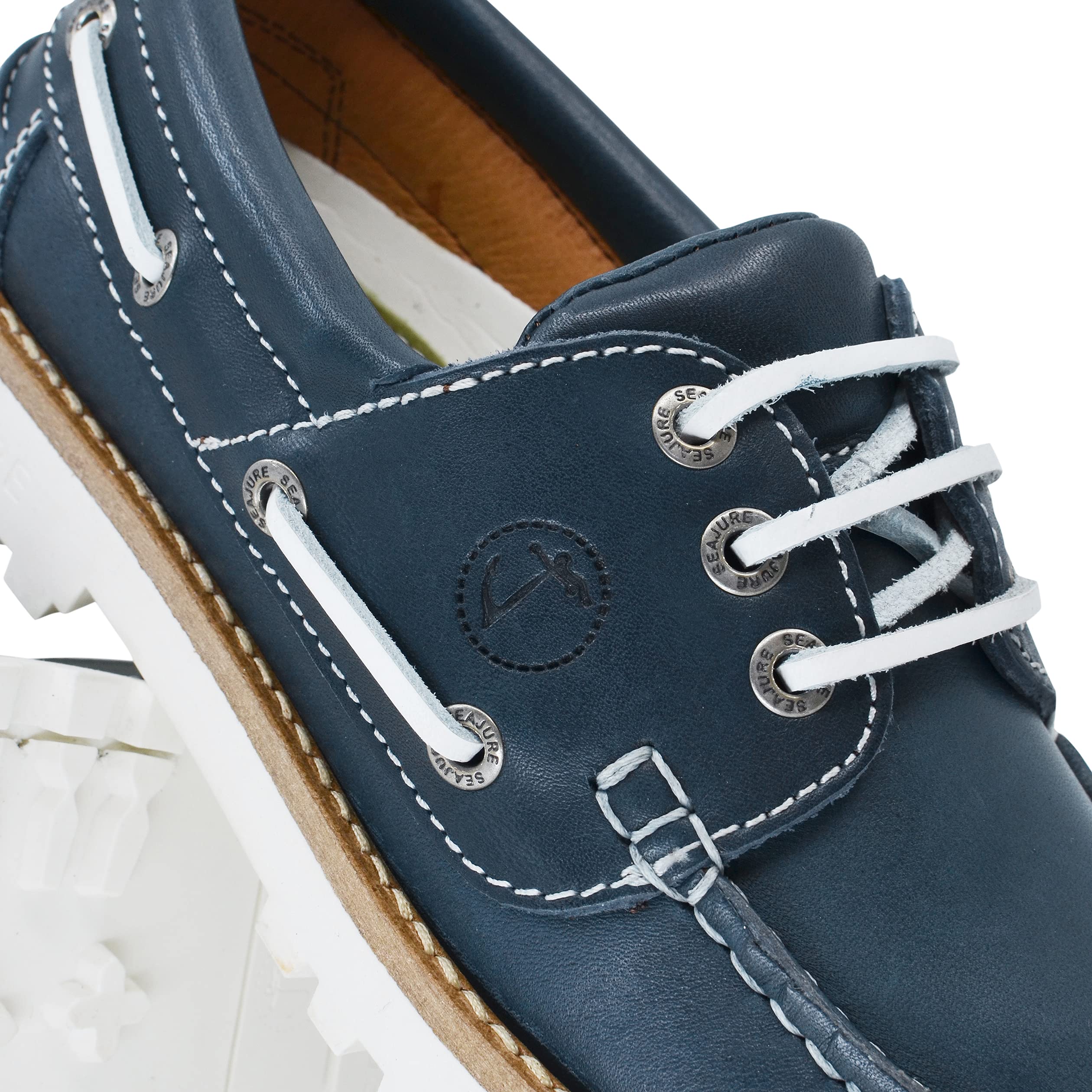 Seajure Chaussures Bateau pour Femme Sibang en Cuir Bleu Marine et Blanc