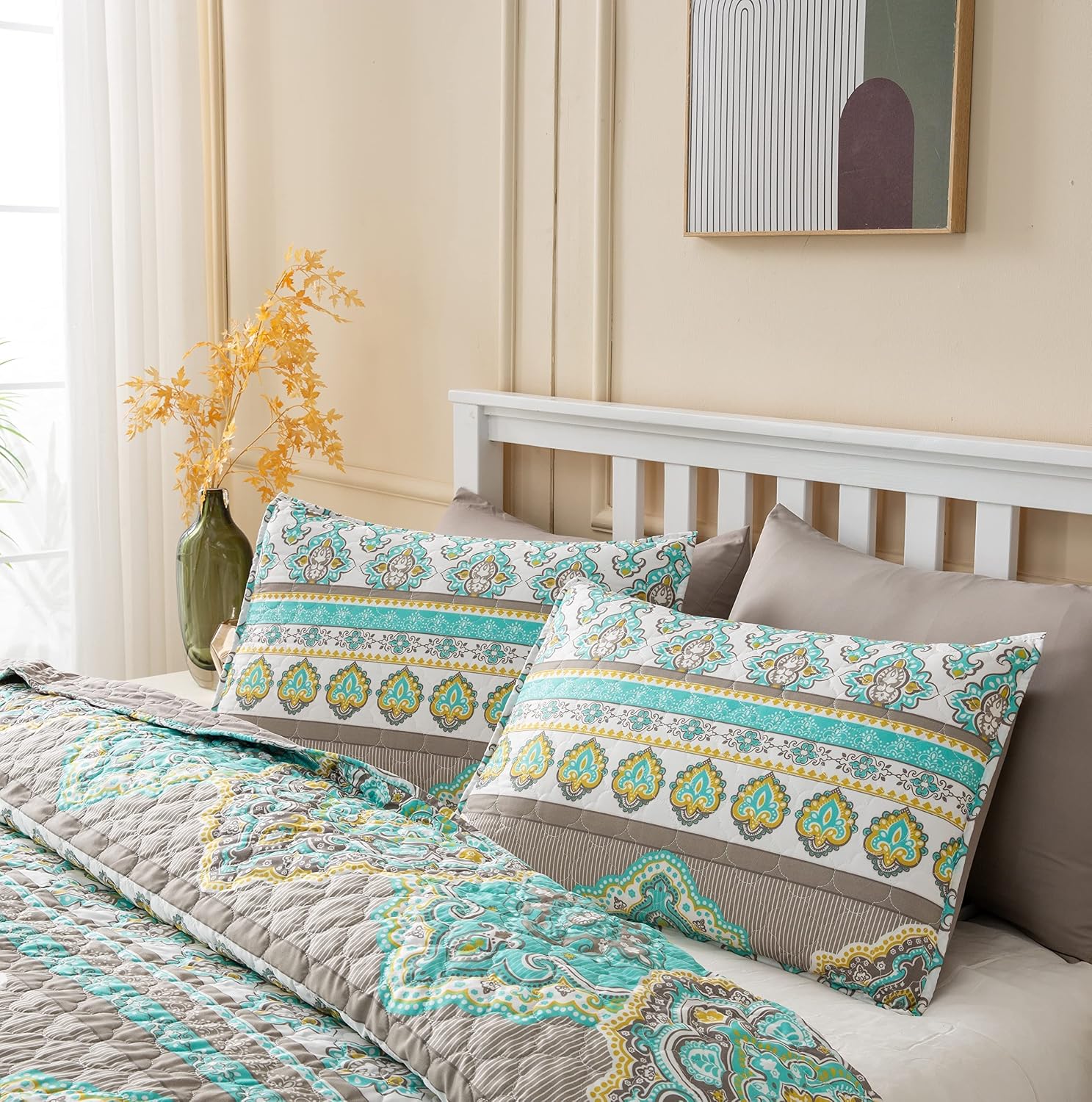 Mooreeke 3 Pieces Bohemian Quilt Set Full/Queen Size Boho Striped Pattern Bedspread with Shams Reversible Microfiber Lightweight Coverlet Bedding Set for All Seasons Home Decor 90 x 90 Inches