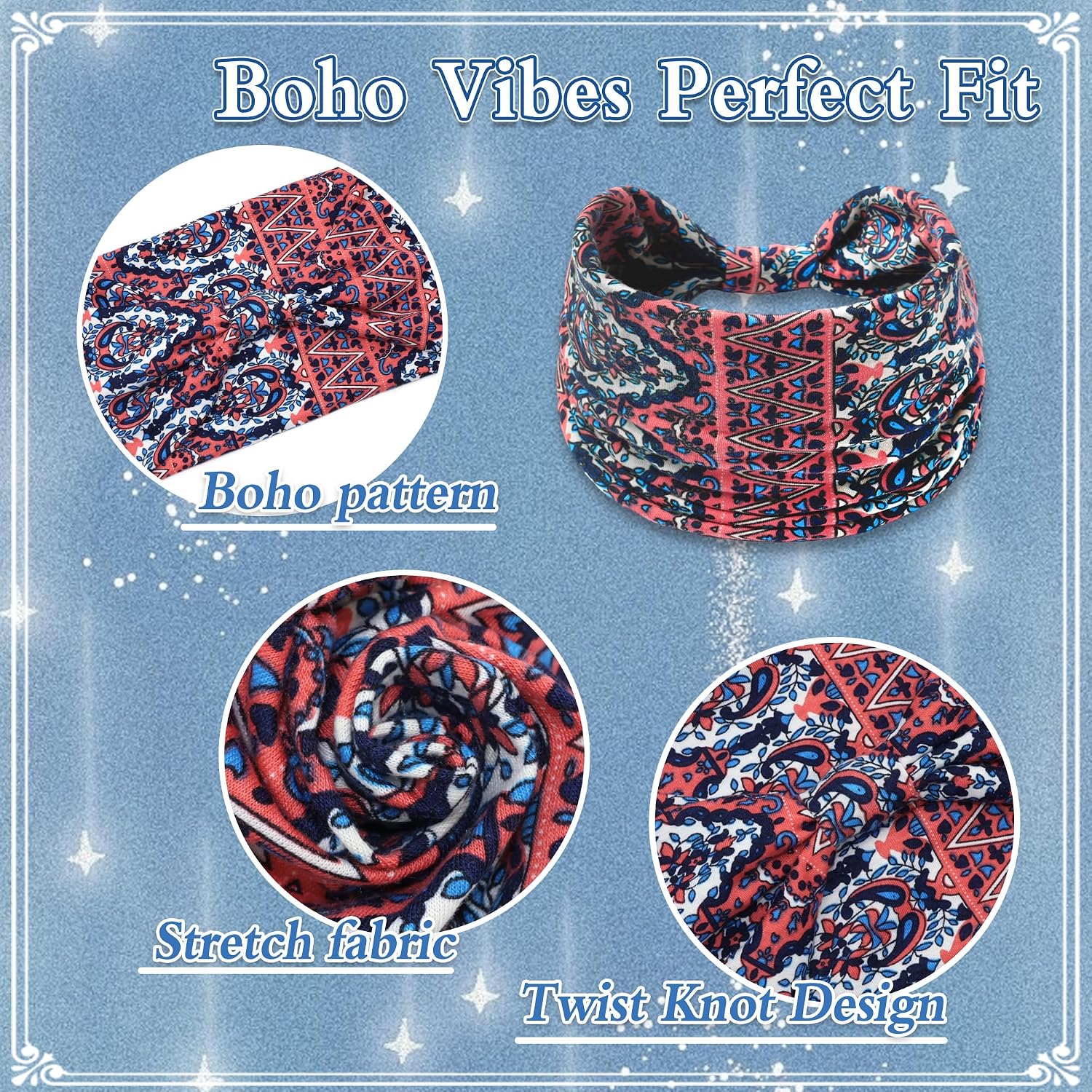 6 Pack Wide Headbands for Women African Headband Boho Non Slip Head Wraps Stretchy Twist Knotted Head Scarf Outdoor Activities Travel Hair Accessories