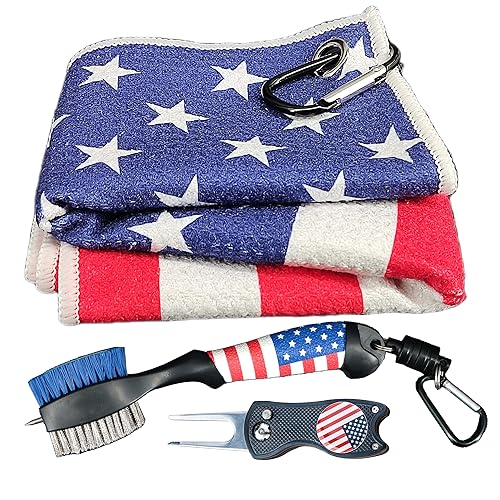 Golf Club Brush and Amercian Flag Golf Towels, Golf Groove