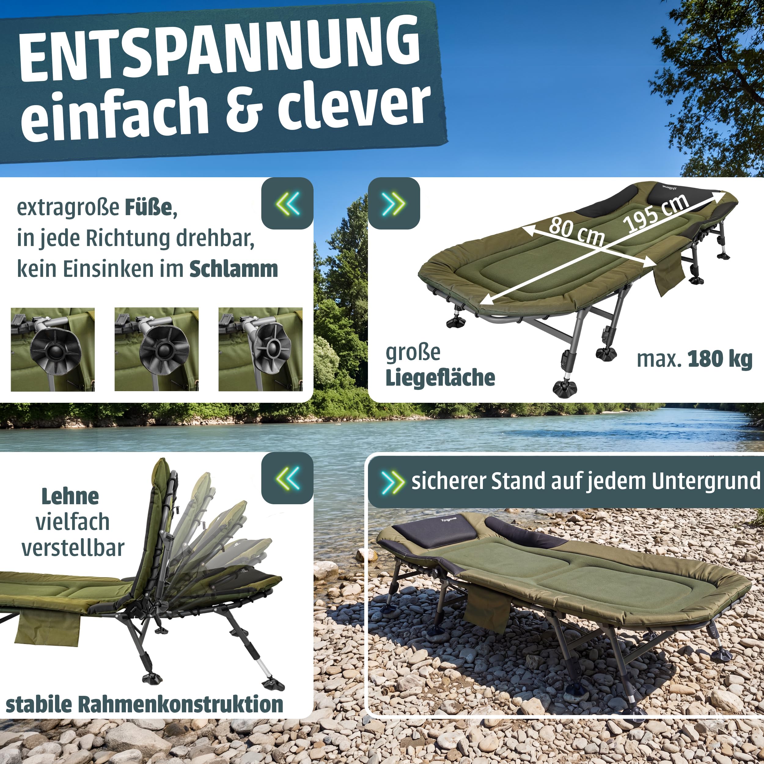 Kingpower Karpfenliege 8 Bein Angelliege Campingliege Bedchair Feldbett | Grün, stabil, bequem, Angeln, Fischen