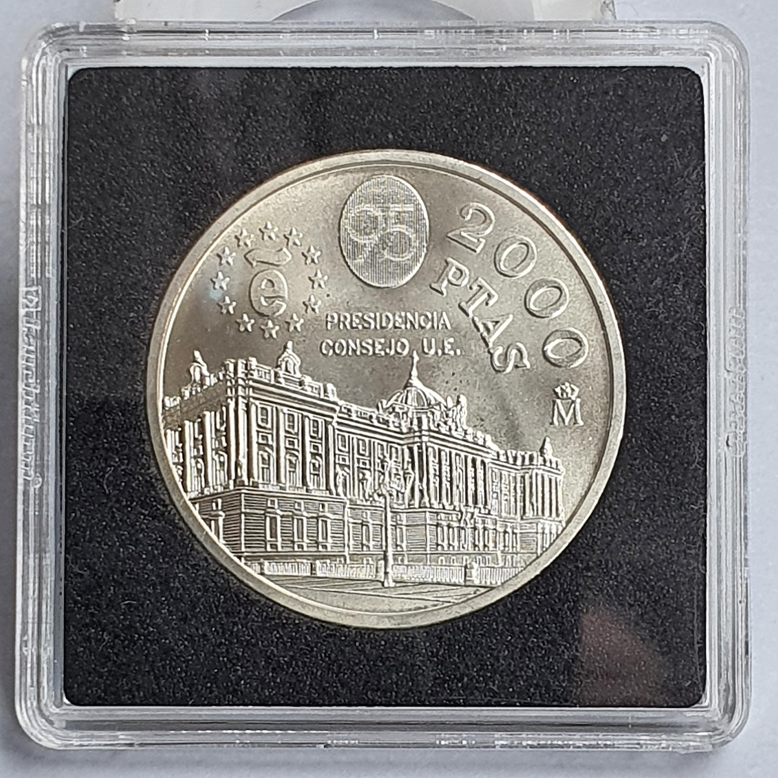 Genérico ESPAÑA Moneda Original 2000 PESETAS EN Plata 925 1995 PRESIDENCIA Consejo Europa Incluye Cápsula QUADRUM Apto para Mayores de 6 Años