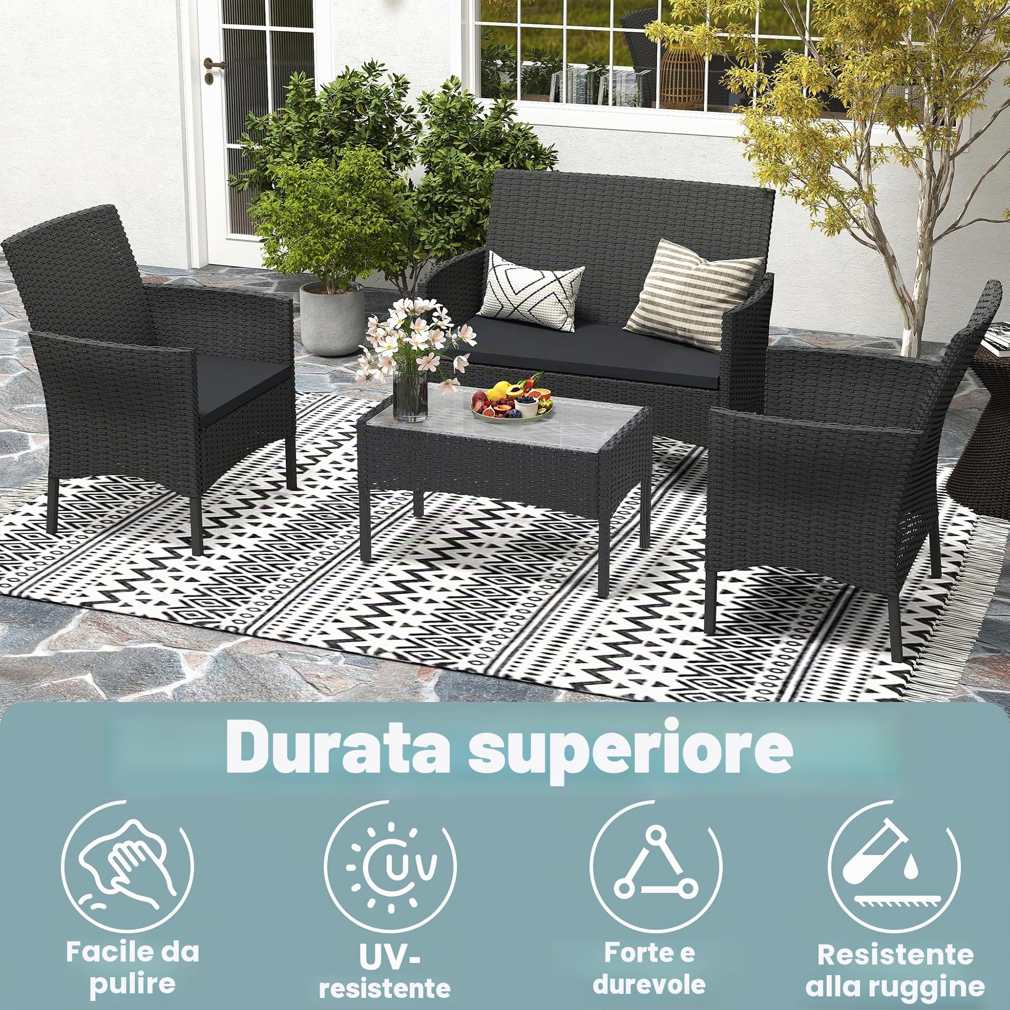 UISEBRT Mobili da giardino in polyrattan per 4 persone, con 1 divano doppio, 2 divani singoli, 1 tavolo con piano in vetro e cuscino, per esterni, resistenti alle intemperie, per terrazza, giardino