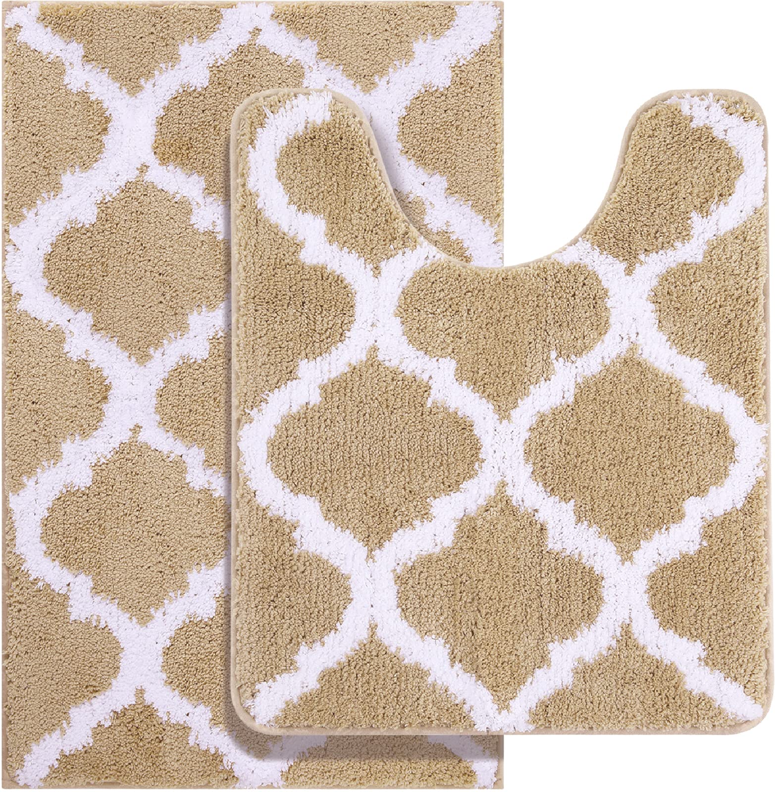 OLANLY Bathroom Rugs Set 2 Piece, Microfiber Bath Shower Mat and U-Shaped Toilet Rug, Machine Wash Dry, Non-Slip Absorbent Shaggy Bath Mats for Tub, Shower and Bathroom (30"x20"+24"x20", Beige)