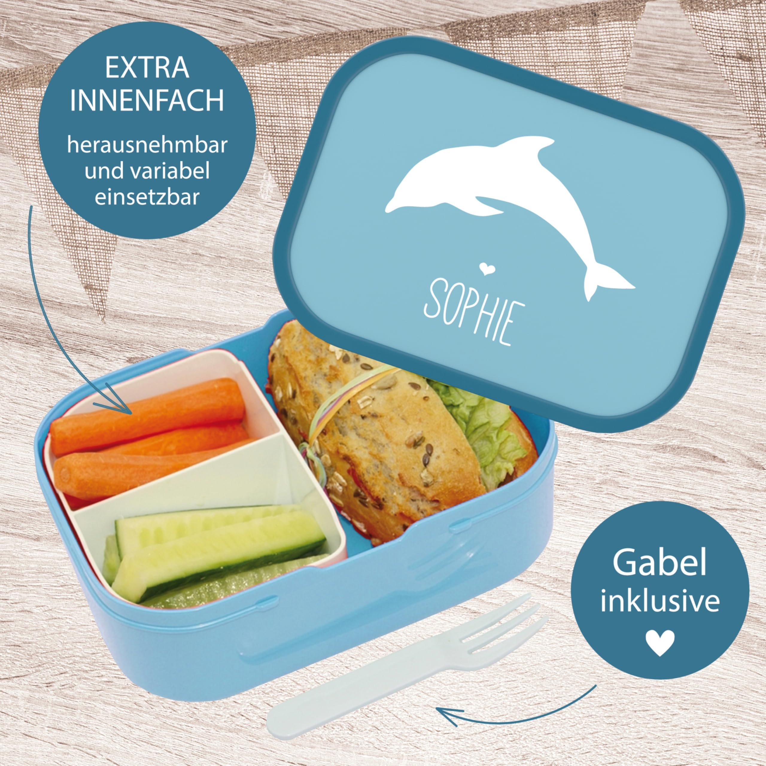 4ou Design Mepal Set Brotdose & Trinkflasche personalisiert mit Namen – Silhouette Delfin blau – Auslaufsicher, Bento Einsatz rausnehmbar, inkl. Snackgabel – BPA frei – Geschenk für Kinder (Cool Blue)