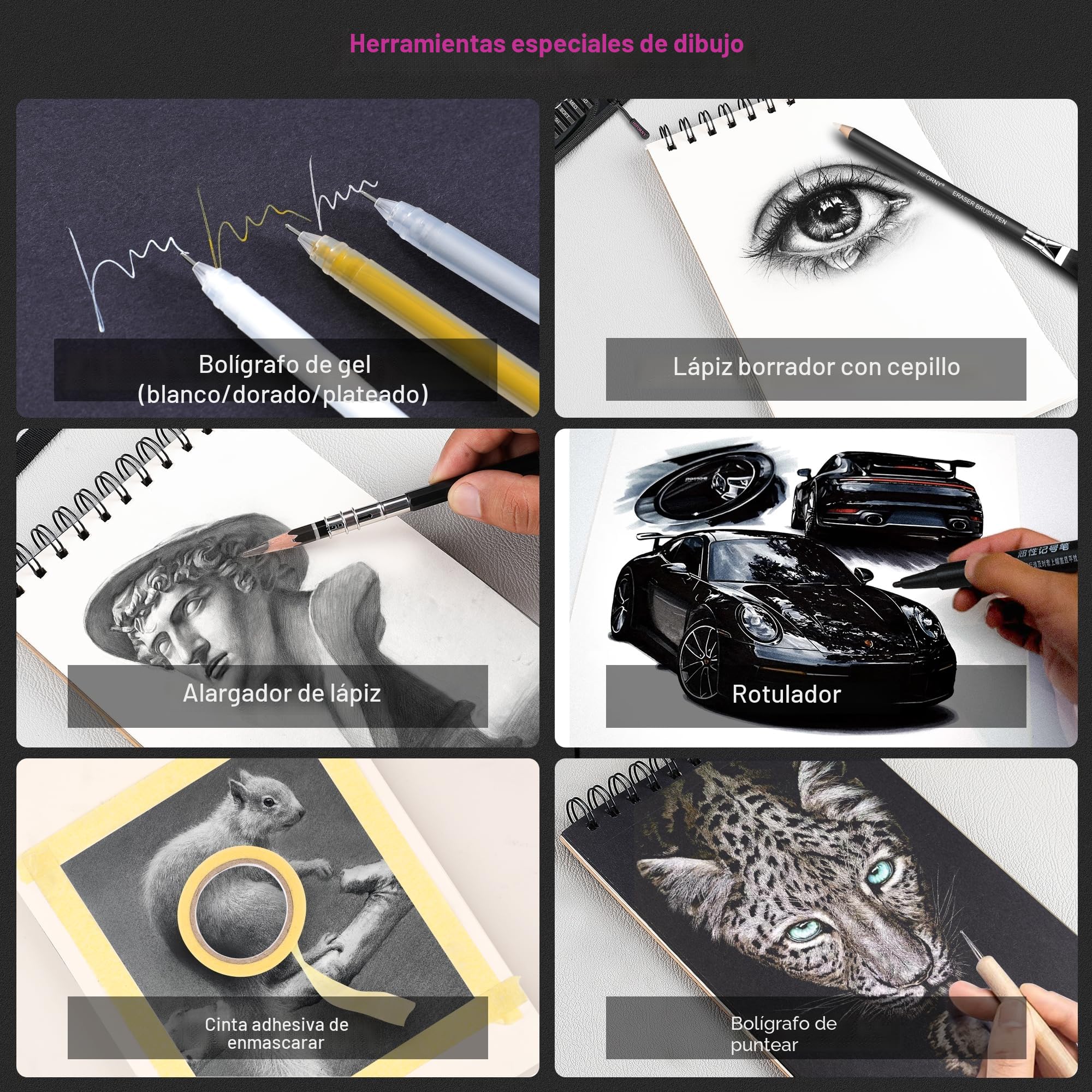 HIFORNY Juego de 126 lápices de dibujo, lápices de bocetos, Materiales de Arte con Cuaderno de Bocetos de 3 Colores, Herramientas de Grafito, Carbón, Difuminado y Dibujo, Lápices para Adultos