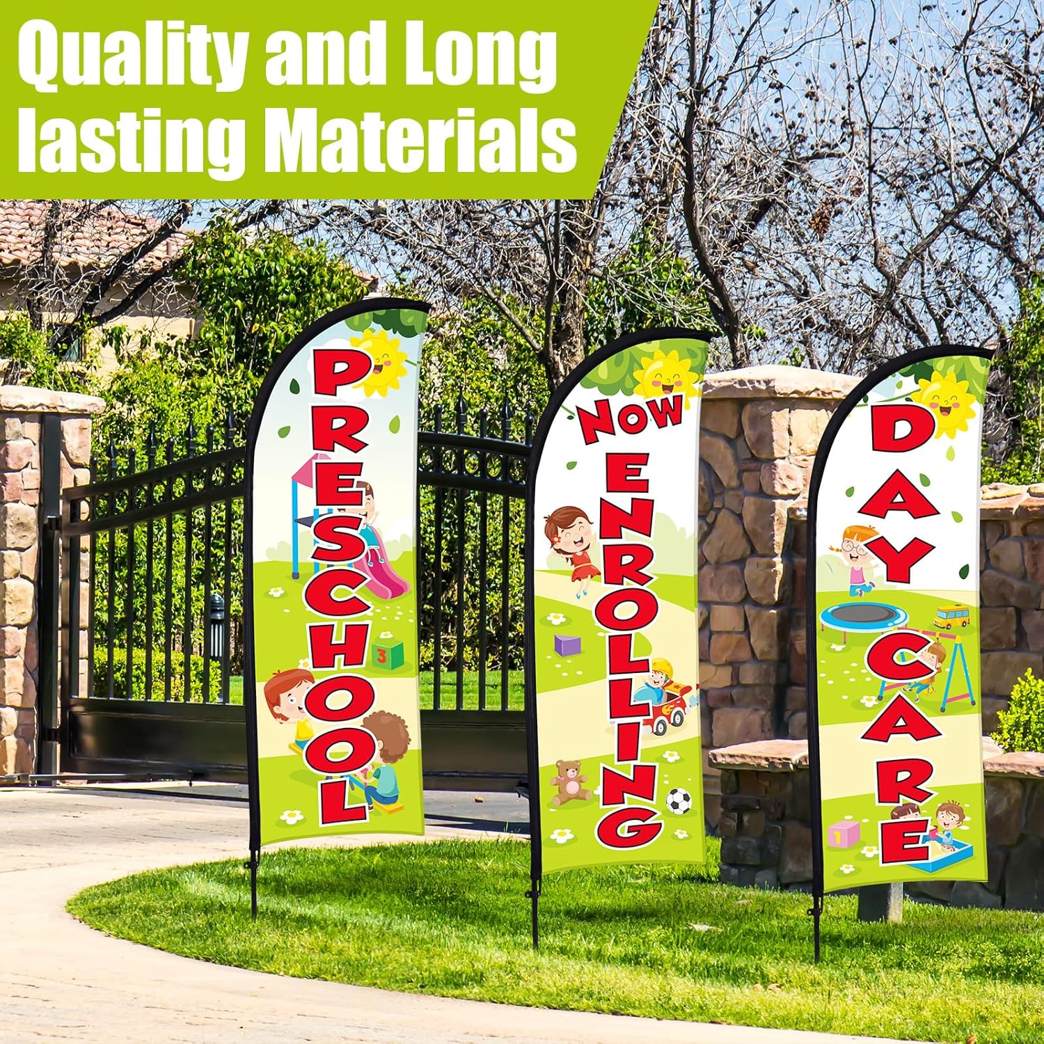 Buryeah 3 Sets 8 FT Now Enrolling Preschool Daycare Flag Now Enrolling Signs Banner Swooper Feather Flag Sign with Flagpole Ground Stake Portable Bag for Schools Business Advertising - Image 3