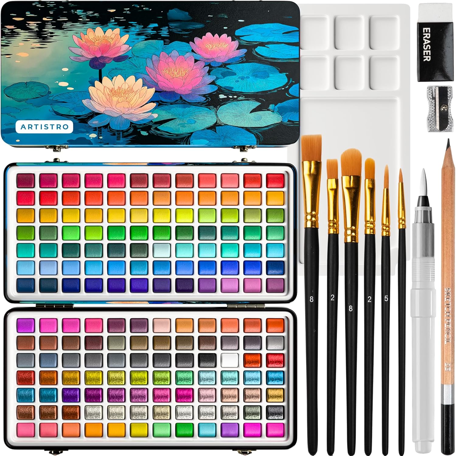 ARTISTRO Deluxe Watercolor Paint Set with 168 Colors – Vivid Colors in a Portable Box – Travel Watercolor Set with Complete Palette