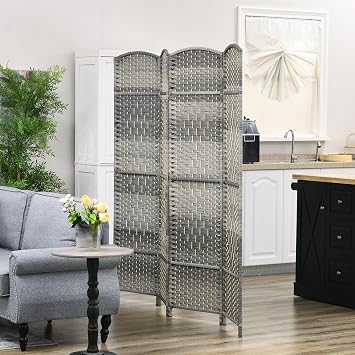 4 Panel Room Divider, 6' Tall Folding Privacy Screen, Hand-Woven Freestanding Wood Partition for Home Office, Bedroom, Mixed Gray