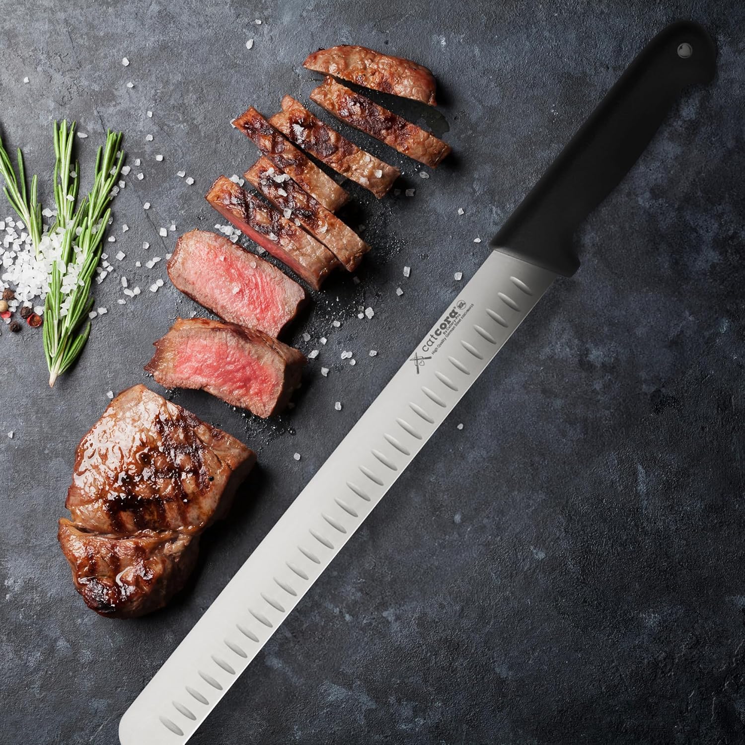CAT CORA Granton Slicer Knife, Professional 12-Inch German Steel Blade For Slicing Meat and Poultry, and Cutting Produce, Ergonomic Soft-Grip Handle, NSF-Certified Kitchen Knife