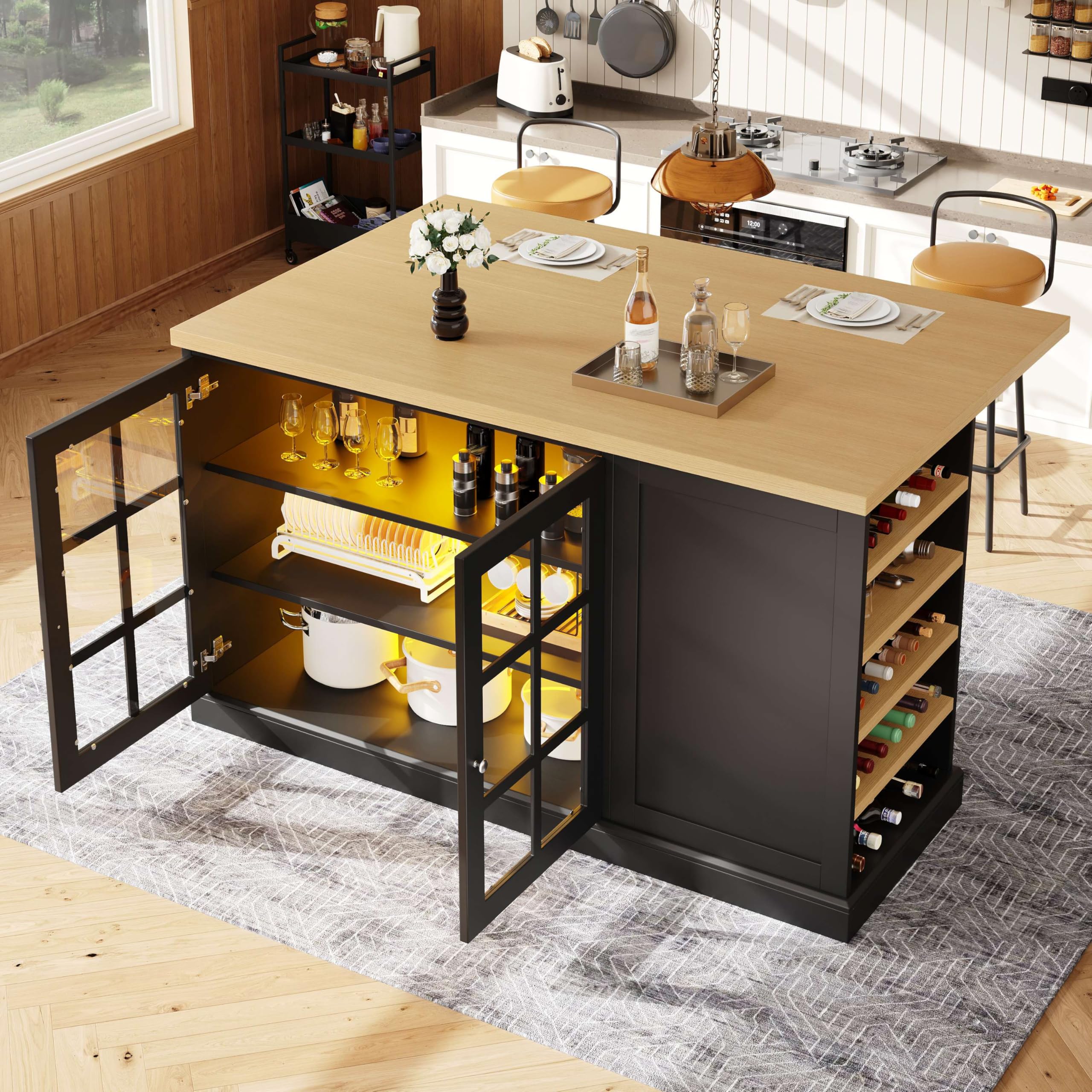 Klappbarer Bartisch Kücheninsel mit Smart LED Farblicht, Schräges Weinregal & Aufbewahrungsschublade, Platzsparend für kleine Wohnungen, USB-Betrieb