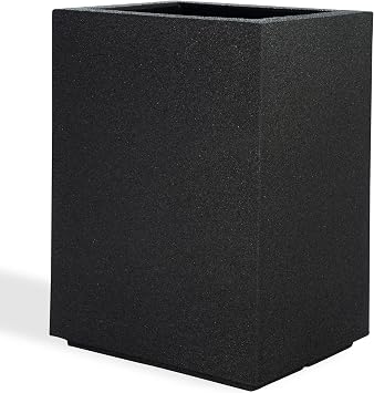 PolyStone Cozumel Column Planter 23" x 18" x 30" Large Indoor/Outdoor Planter Box for Patio & Garden Modern Stone-Look Resin Durable All-Weather w/Drainage Holes - Made in USA Black Granite