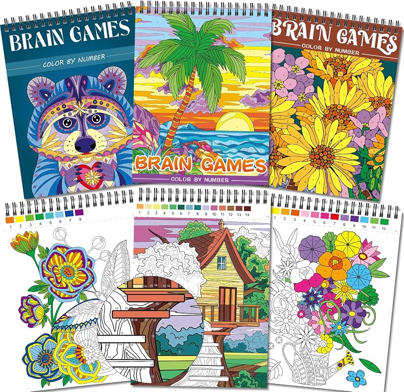 Kalysky Color by Numbers Adult Coloring Books,3 Fun Coloring Books for Adult Relaxation,60 Pages of Flowers Nature Landscapes Animals,Brain Game for Adults