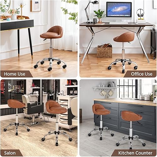 Miniatura 3 de Yaheetech Taburete rodante de piel sintética  Taburetes redondos giratorios ajustables con ruedas y respaldo para spa, salón de masaje, tatuajes,