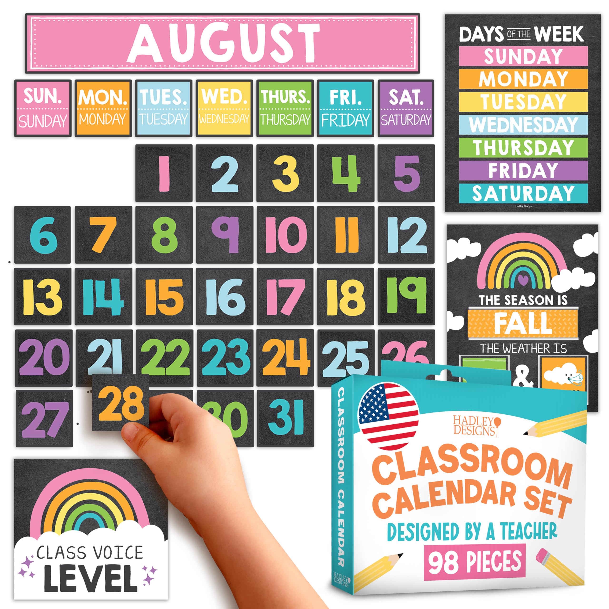 Hadley Designs Classroom Calendar Set Bulletin Board Decorations - Chalkboard School Calendar for Classroom Decor, Kindergarten Preschool Elementary
