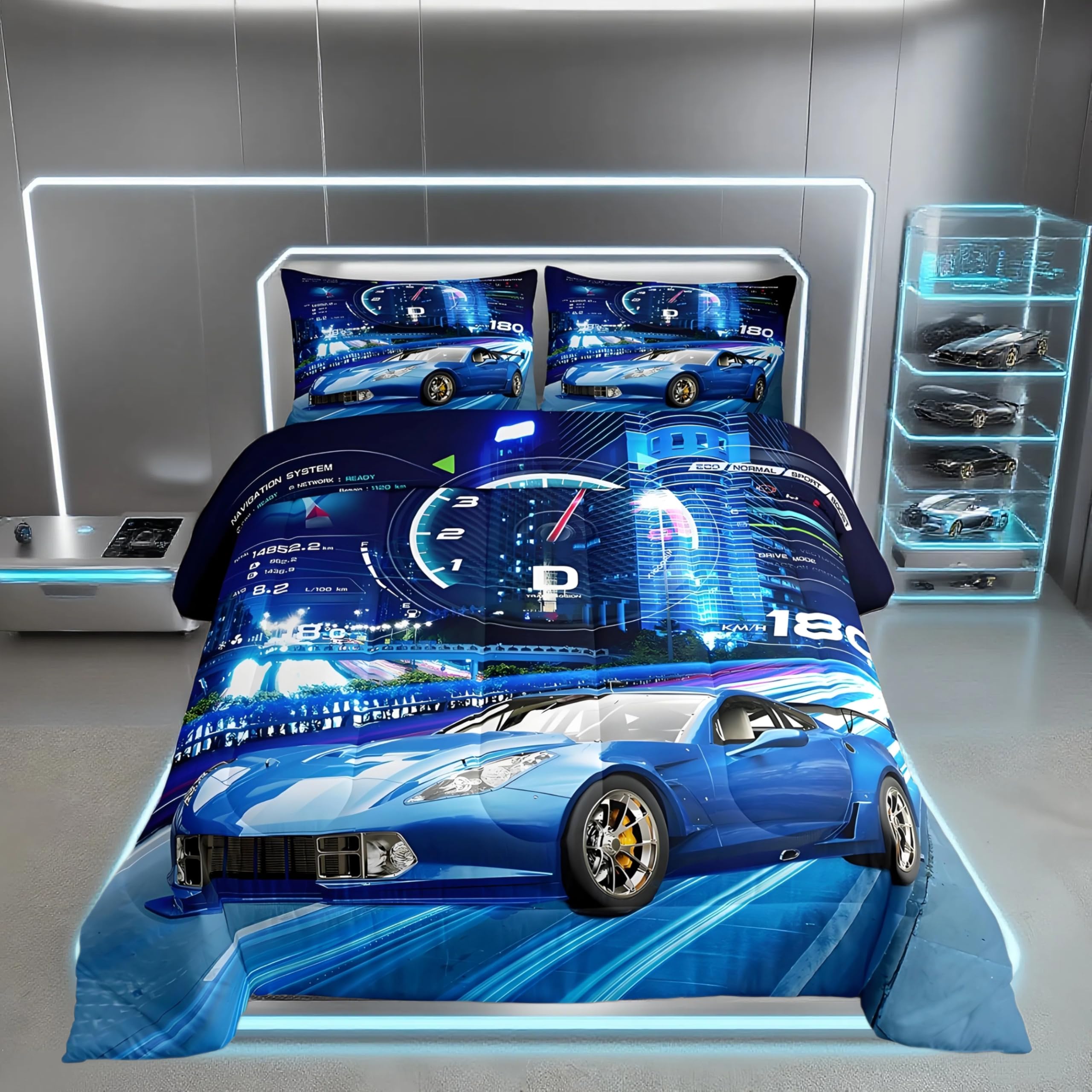 Feelyou Boys Race Car Down Duvet Cool Sports Car Comforter Set for Kids Boys Girls Extreme Sports Bedding Set Blue Automobile Car Comforter 1 Comforter Set with 2 Pillowcases Full Size