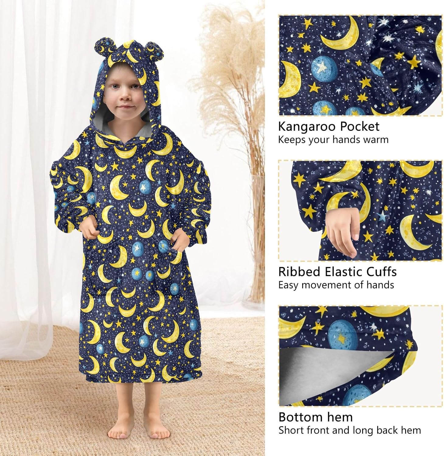 Yellow Blue Moons Kids Wearable Blanket Hoodie with Pocket and Sleeves for Toddlers, Cute Hoodies Girls Boys B0403927