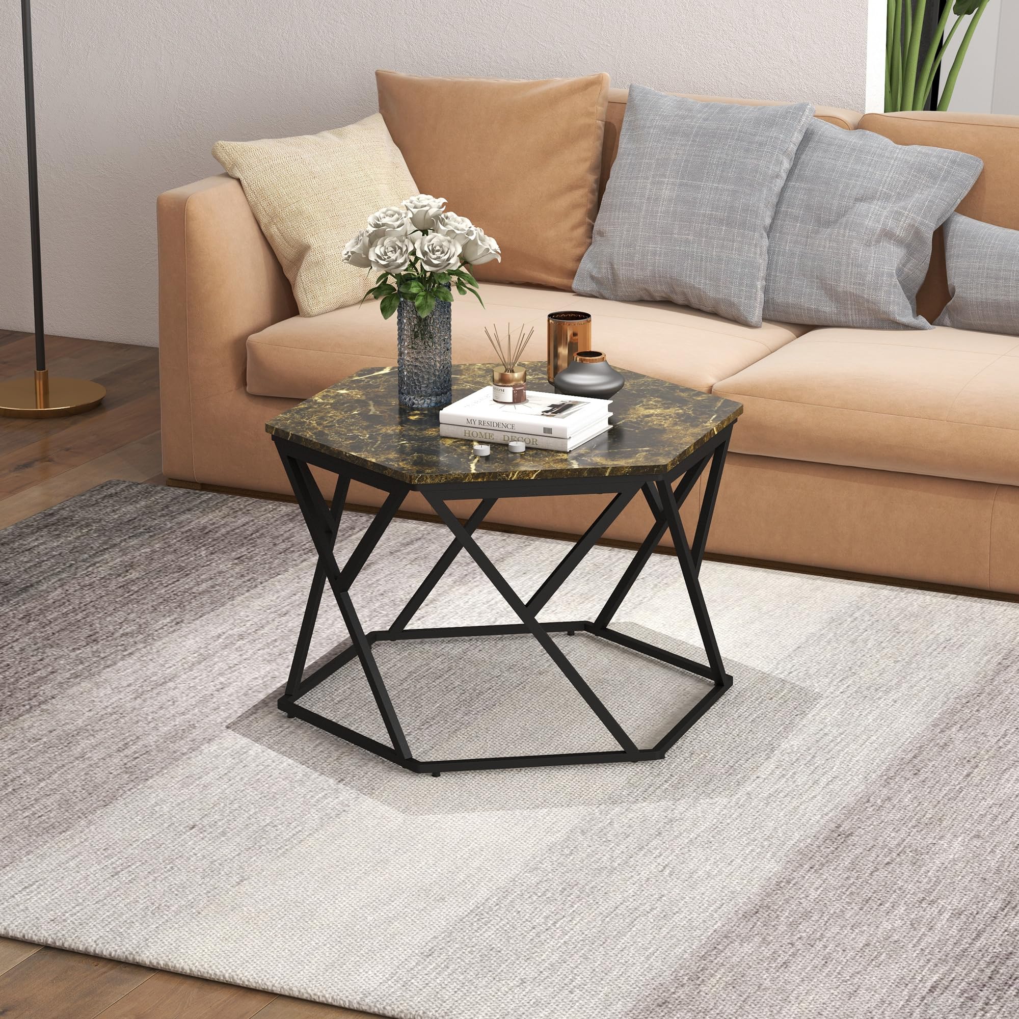 HOMCOM Tavolino da Salotto Moderno con Piano in Finto Marmo e Struttura in MDF e Acciaio, 81x70x51.2cm, Nero