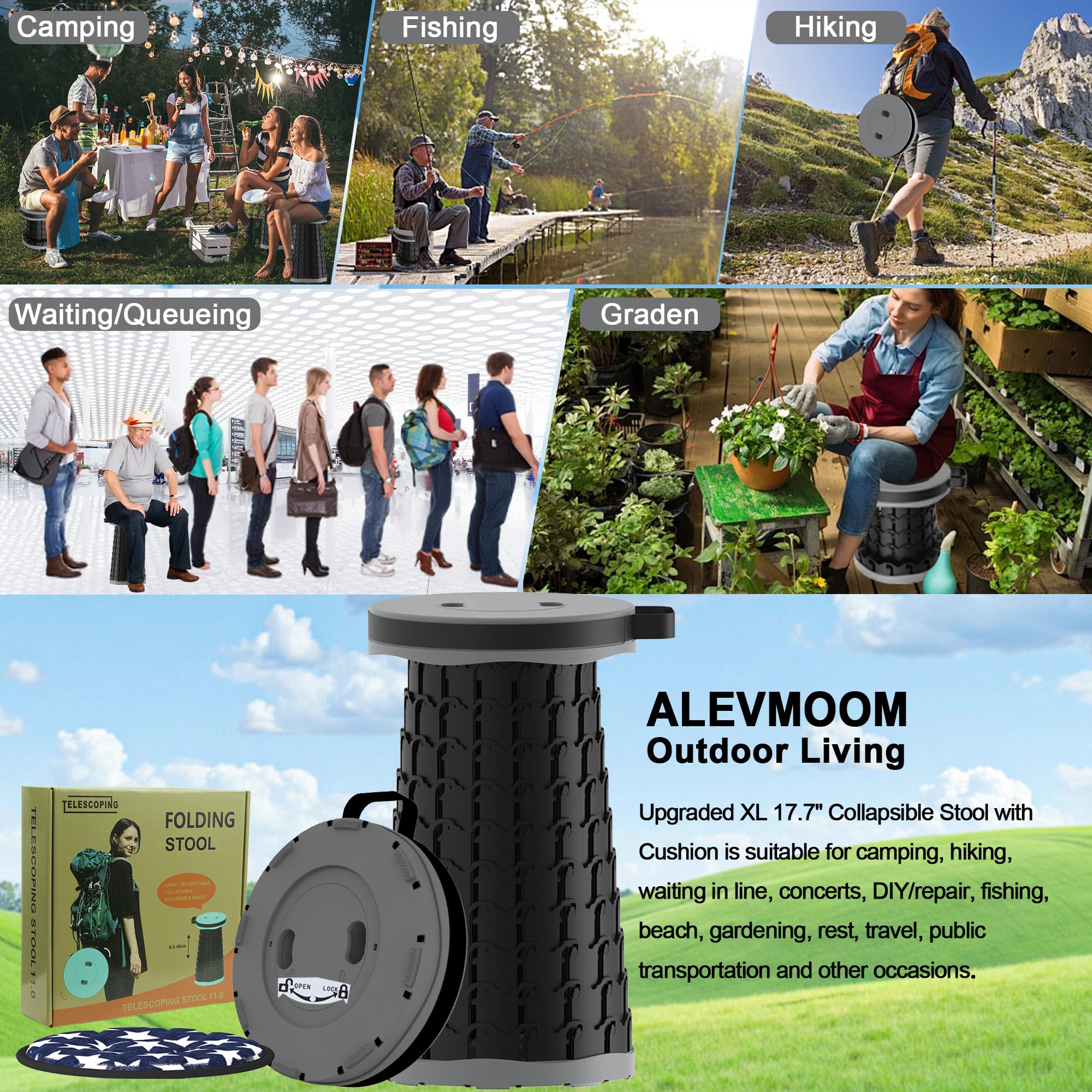ALEVMOOM Sgabello pieghevole telescopico portatile, sgabello pieghevole con cuscino carico massimo 199,6 kg, sedia pieghevole leggera retrattile regolabile per campeggio, pesca, escursionismo, viaggi