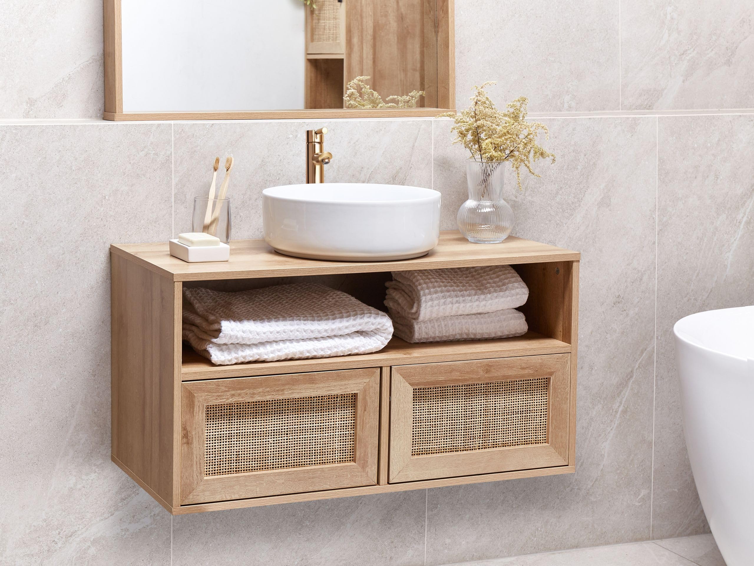 Beliani Mueble Flotante para baño Boho Frente de ratán Trenzado 86 x 45 cm Madera Clara Rosell