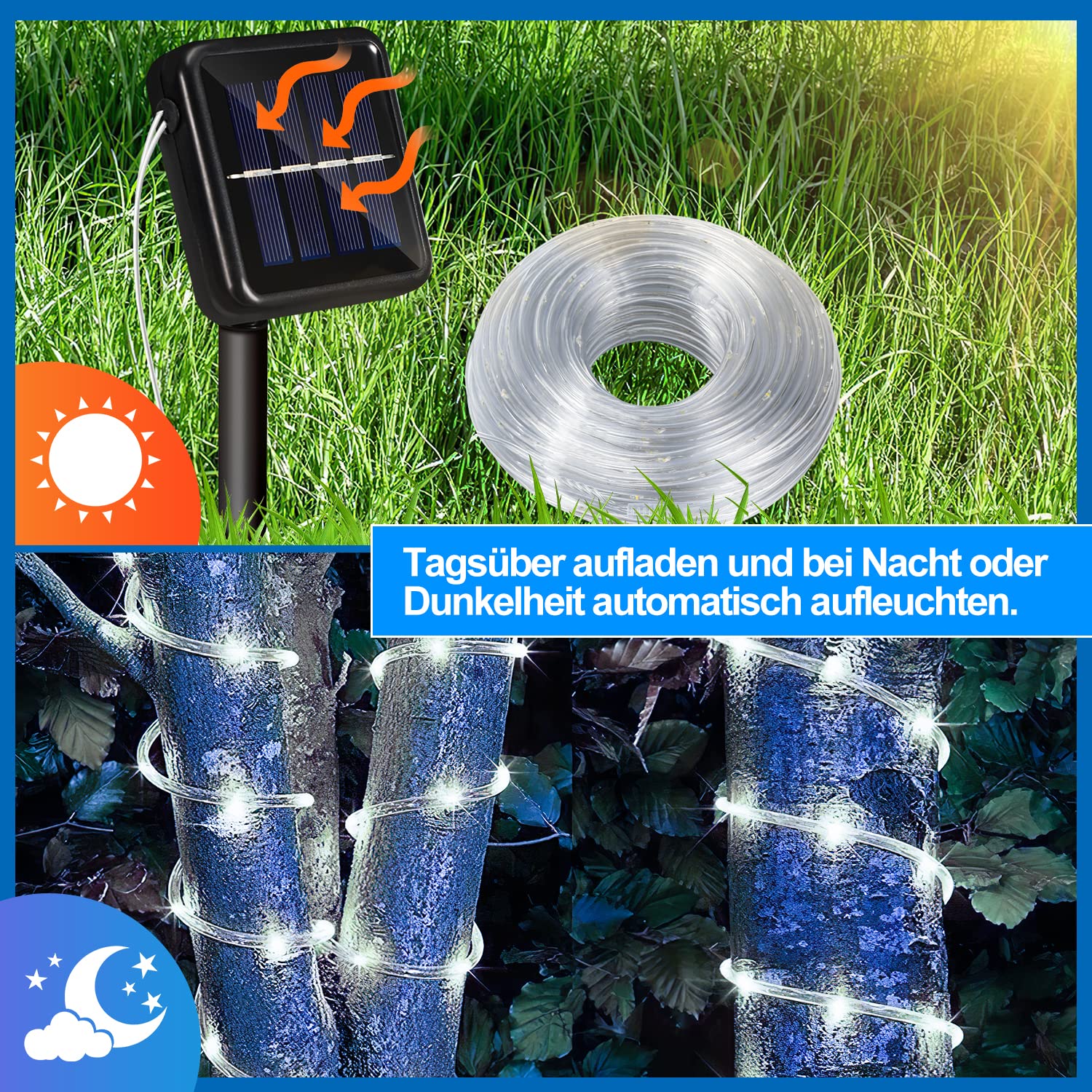 Gimisgu Manguera de luz solar exterior, 20 m, 200 LED, luz blanca fría, IP65, resistente al agua, 8 modos de iluminación para exteriores, iluminación decorativa para jardín