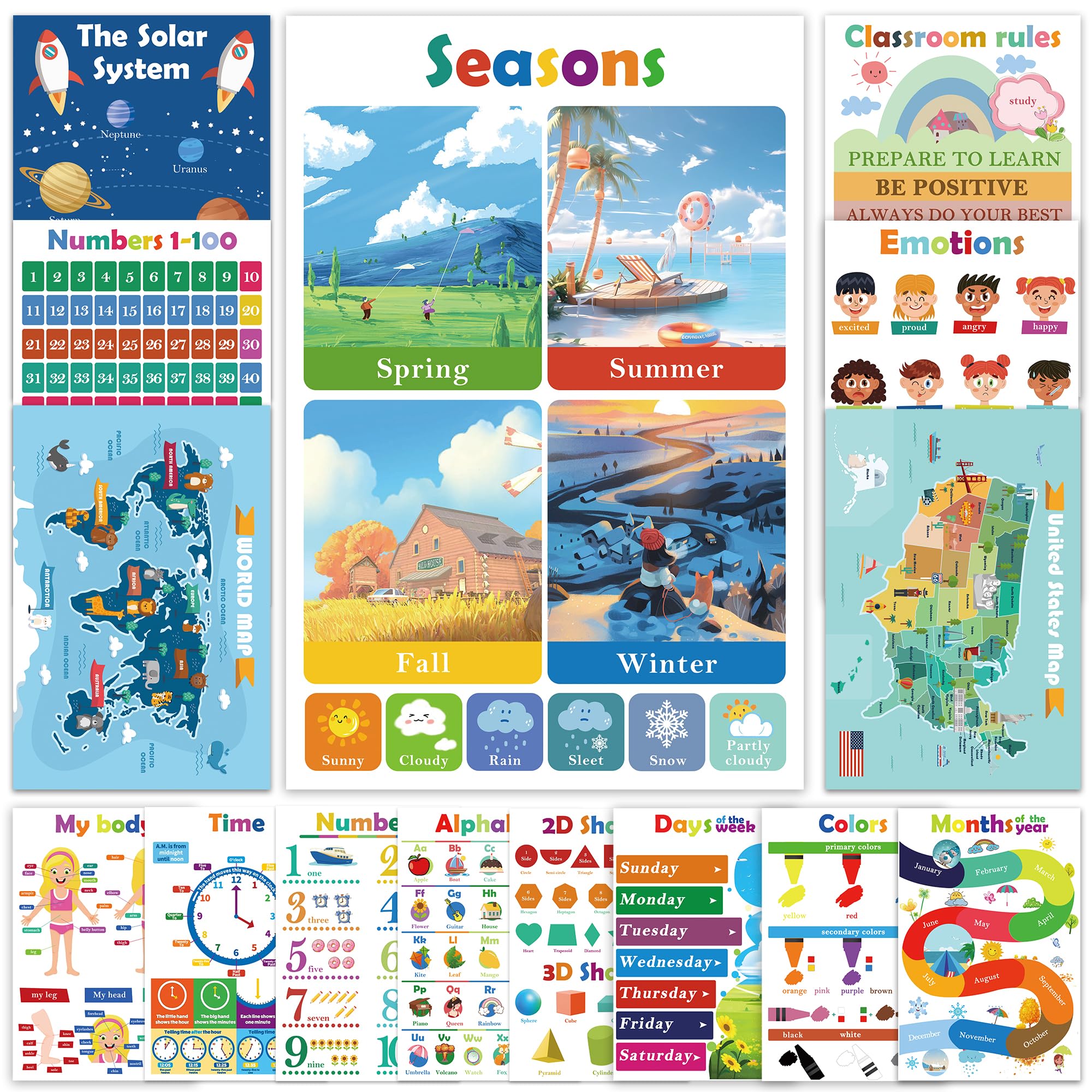Photo 1 of 15 Packs Premium Educational Preschool Posters for Toddlers and Kid with Glue Point Dot for Nursery Home School Kindergarten Classroom,16.5 x 11 Inch, Teach Numbers Alphabet Colors Days and More