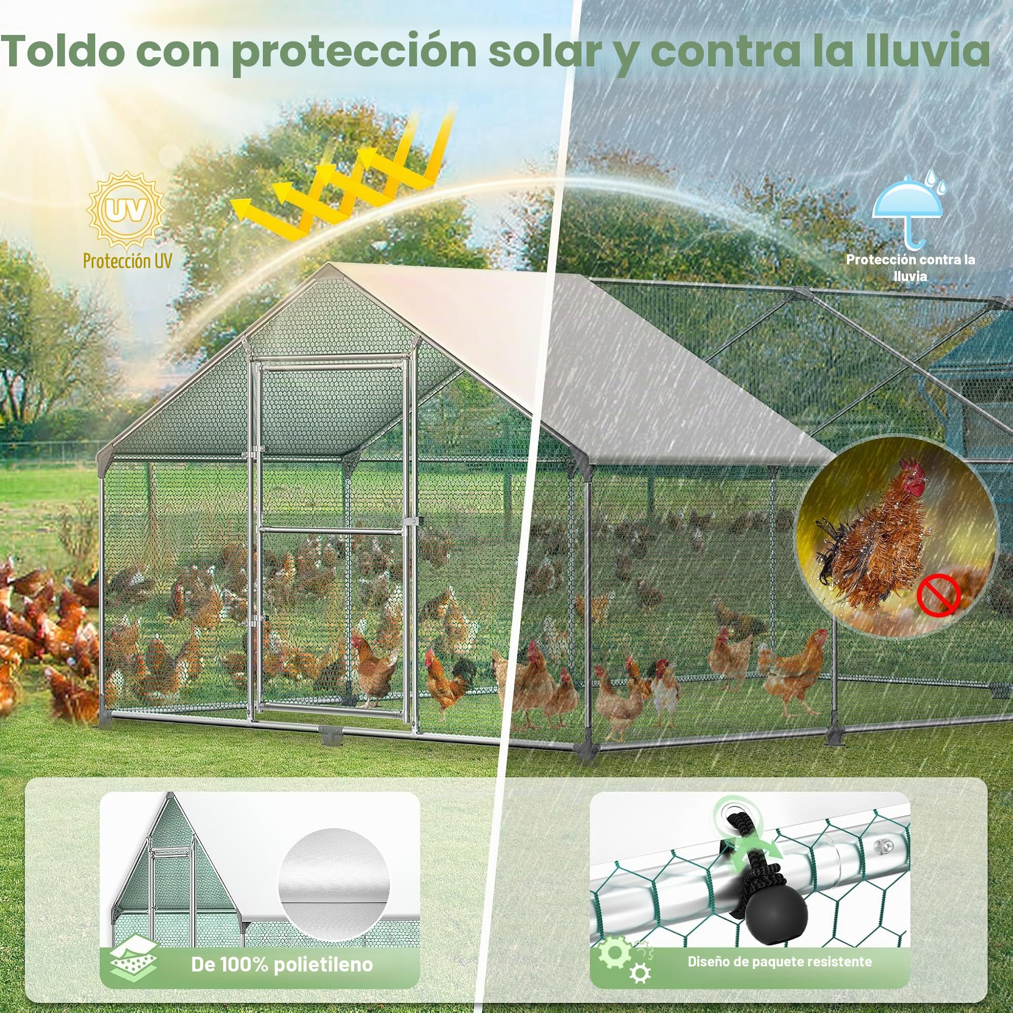 UISEBRT Gallinero de 3 x 2 x 2 m, cercado exterior, con techo de protección solar de polietileno, jaula para gallineros con cerradura, marco de acero galvanizado, jaula para mascotas