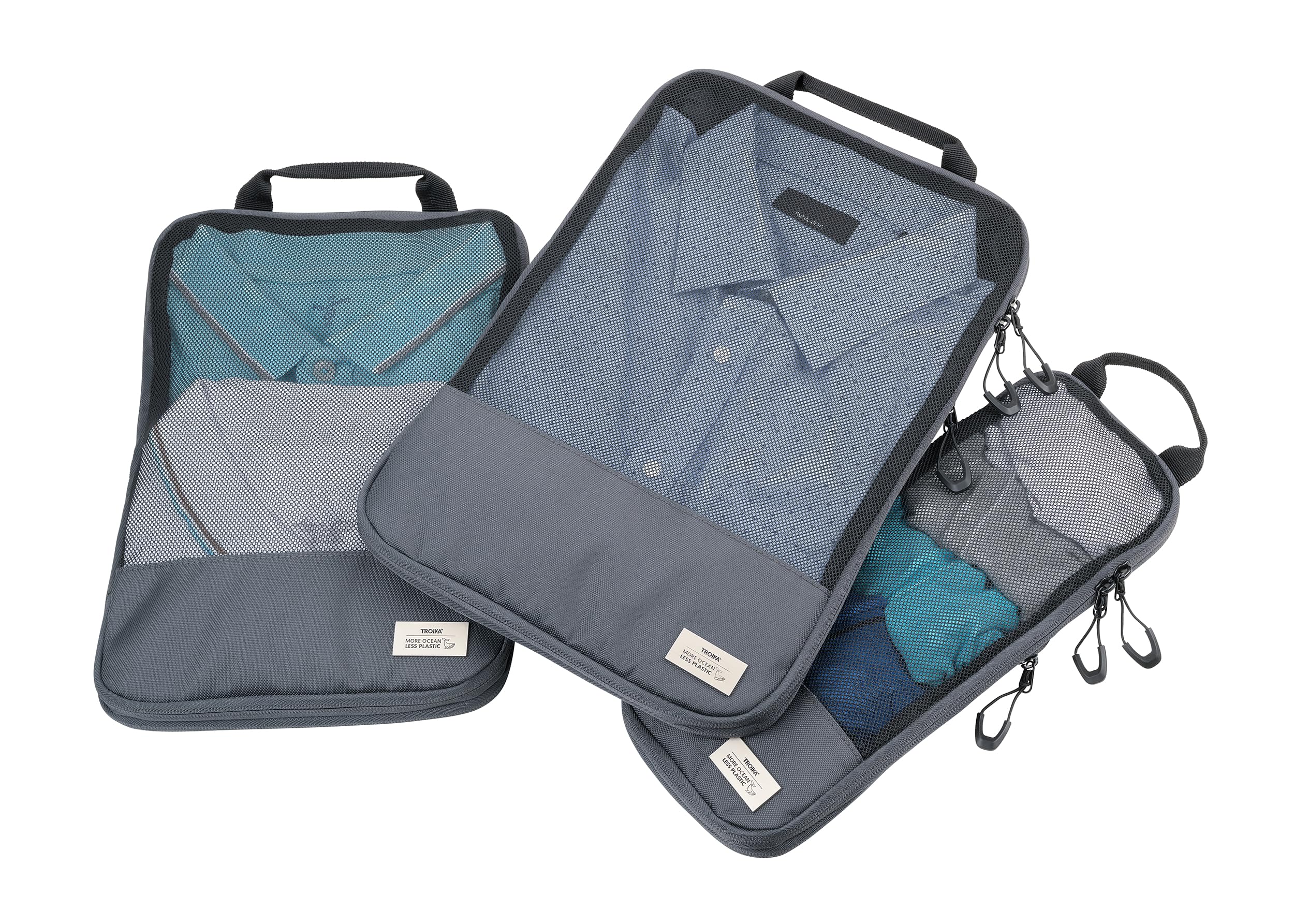 TROIKA Zestaw toreb kompresyjnych Blue CYCLE PACKING CUBES – 3 kieszenie z zamkiem błyskawicznym do oszczędzającego miejsce pakowania ubrań do walizki i plecaka – plastik morski z recyklingu –