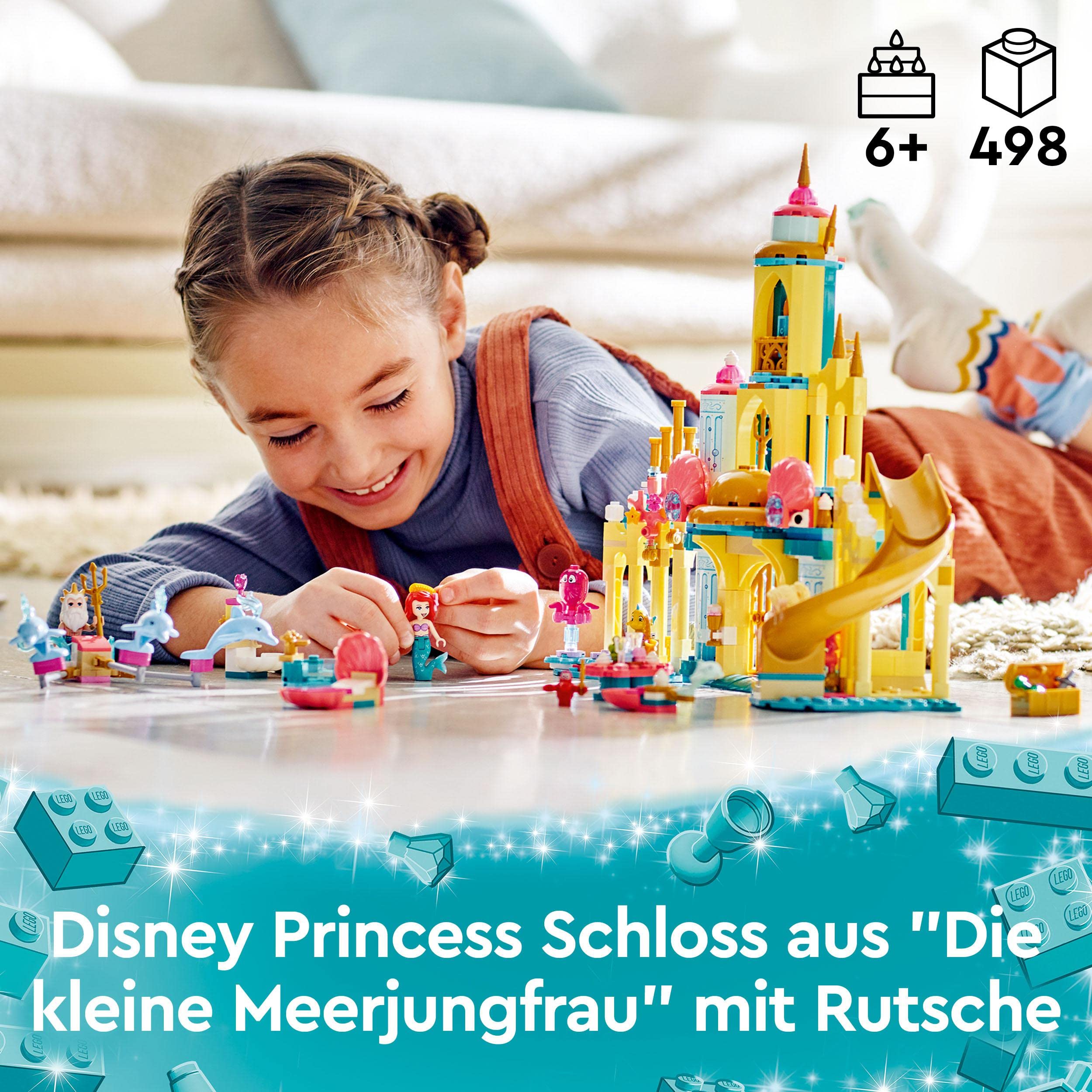 LEGO 43207 Disney Arielles Unterwasserschloss, Geschenkidee für Mädchen und Jungen ab 6 Jahren mit Arielle die kleine Meerjungfrau und 4 Delfin-Figuren