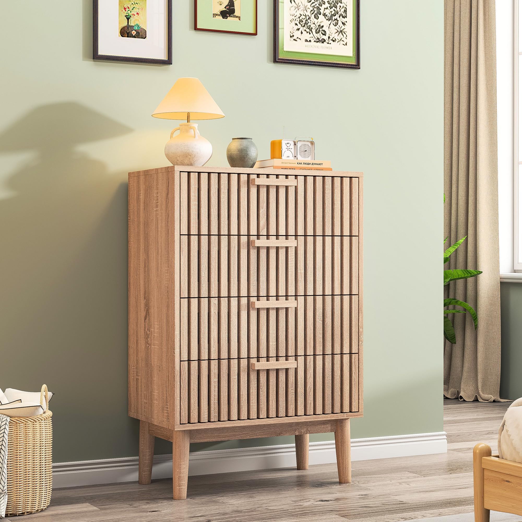 BRILVERDE Cómoda con 4 cajones, mesita de noche con cajón y estante abierto, mesa auxiliar de madera, armario para dormitorio, pasillo, salón, 60 x 34 x 91 cm (color madera natural-2)