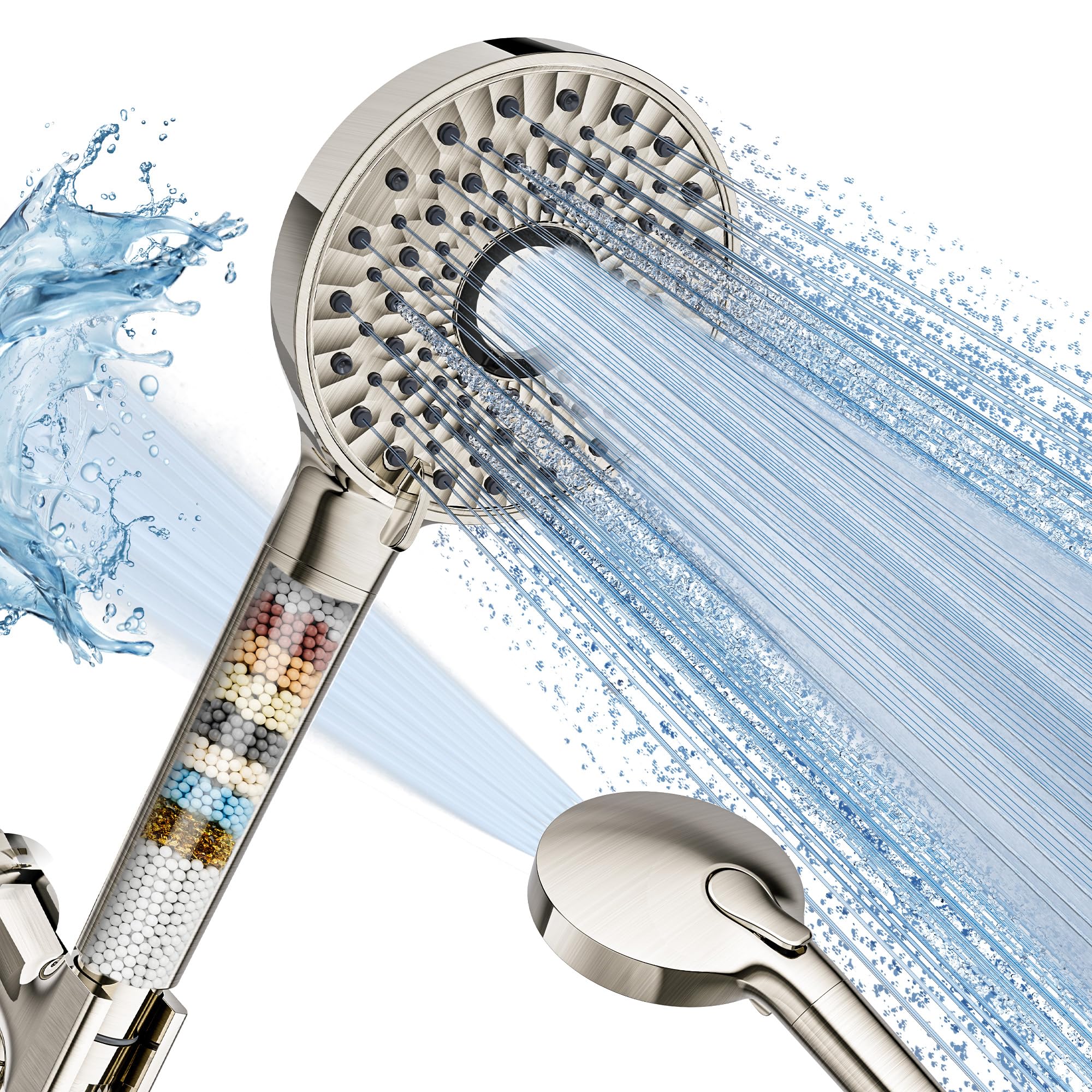 Magichome Filtered Shower Head with Handheld Shower, High Pressure Shower Head with 10 Spd Removable Chrome Shower Head with Stainless Steel Hose, Water Softener Filter Beads for Hard Water, Removes
