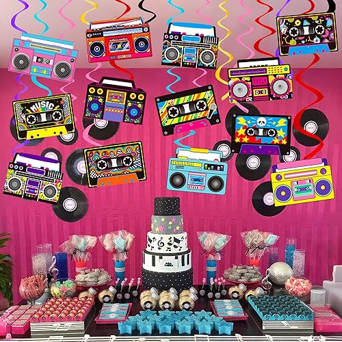 Miniatura 6 de Cinta de cassette Boombox para colgar, 20 piezas de decoración de cumpleaños de radio retro de los años 80 y 90, serpentinas de techo, cinta de