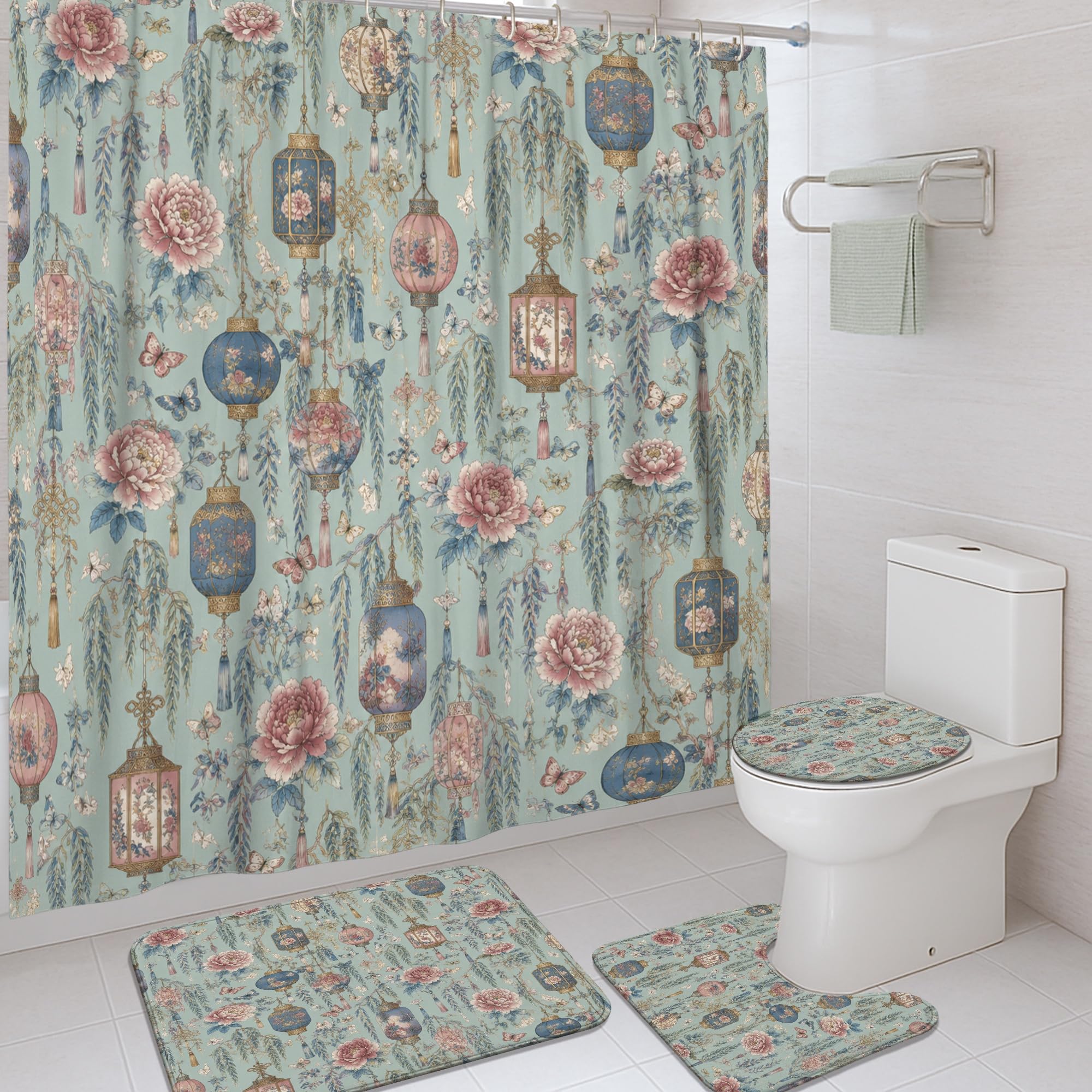 Rideau de douche pivoine bleu sarcelle pour transformer la salle de bain de votre appartement