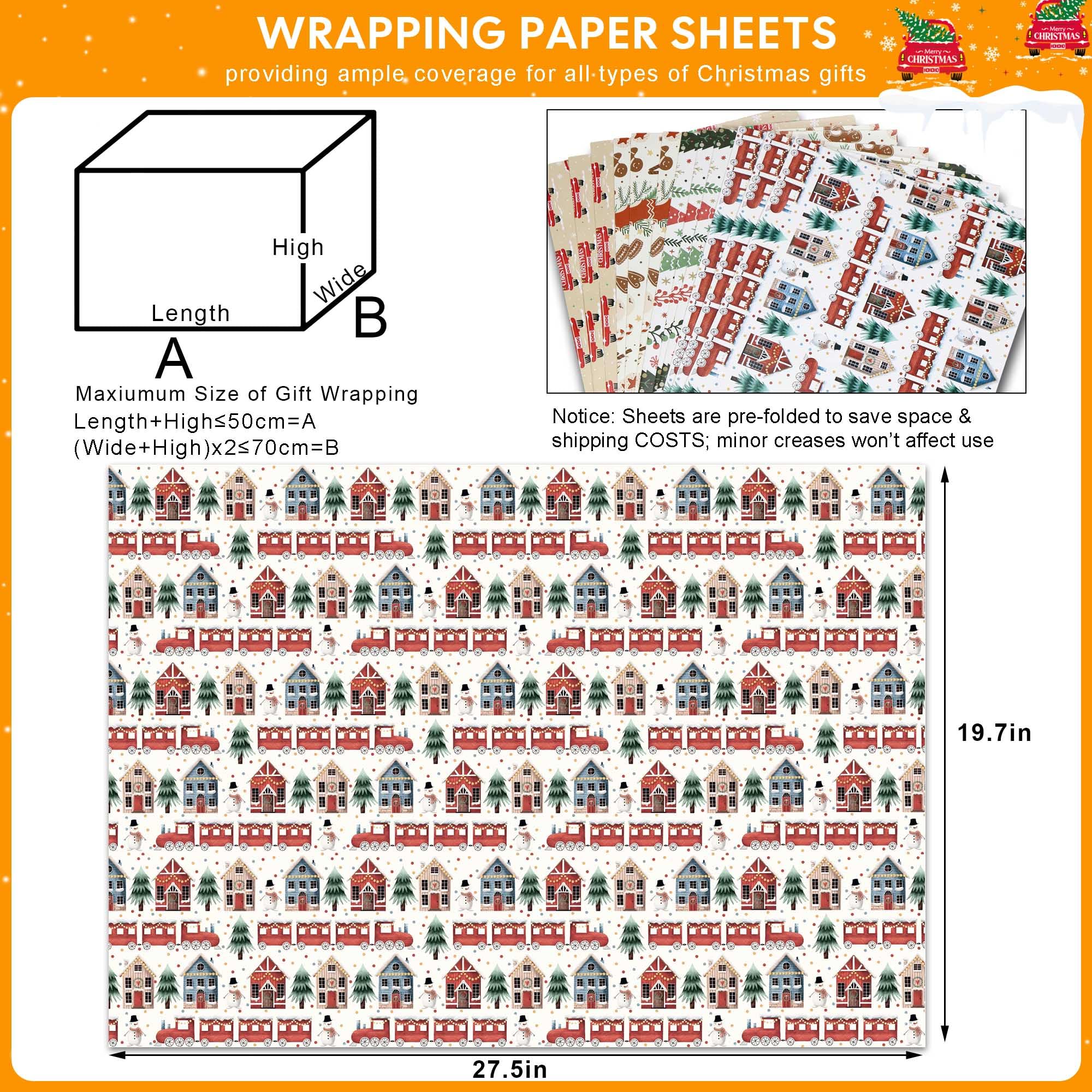 ZDSPIDE Weihnachts-Geschenkpapier-Set für Kinder und Erwachsene, 12 Jumbo-Blätter (50 x 69,8 cm), Urlaubs-Geschenkpapier mit Lebkuchenhaus, Aquarell-LKW, Weihnachtsbaum und Zug
