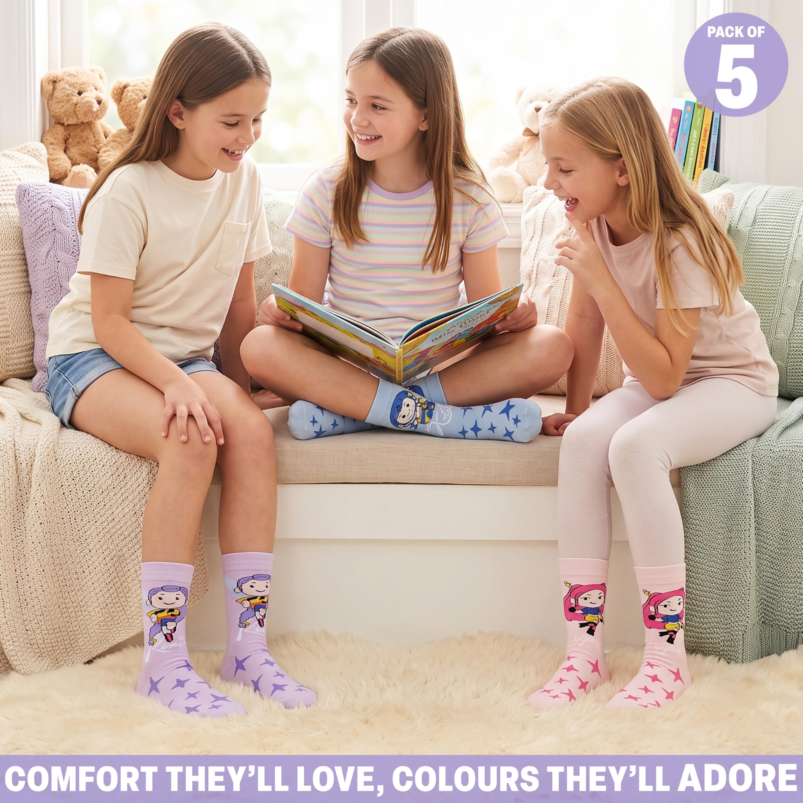Get Trend Huntrix Kpop Demon Hunters Calzini Bambina e Ragazza, 5 Paia | Calze Divertenti e Colorate con Design di Rumi, Zoey e Mira, Comodi e Traspiranti, Regalo per Bambina