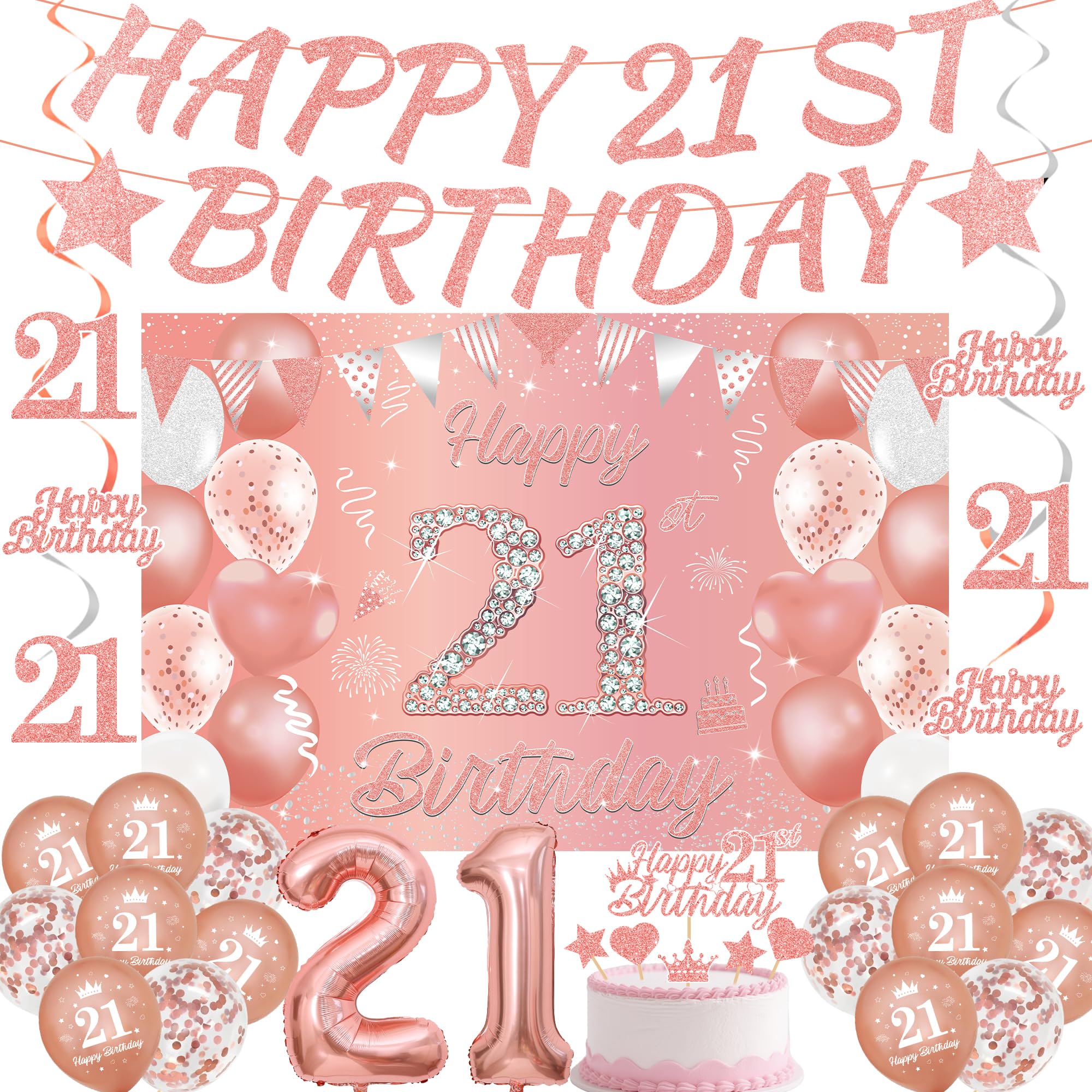 21st Birthday Decorations Balloon Girl - 33 Pcs Rose Gold Glitter Banner Hanging Swirls Backdrop Cake Topper Number Foil Balloons for Girls 21 Years Old Birthday Party Decor Supplies โ image 1