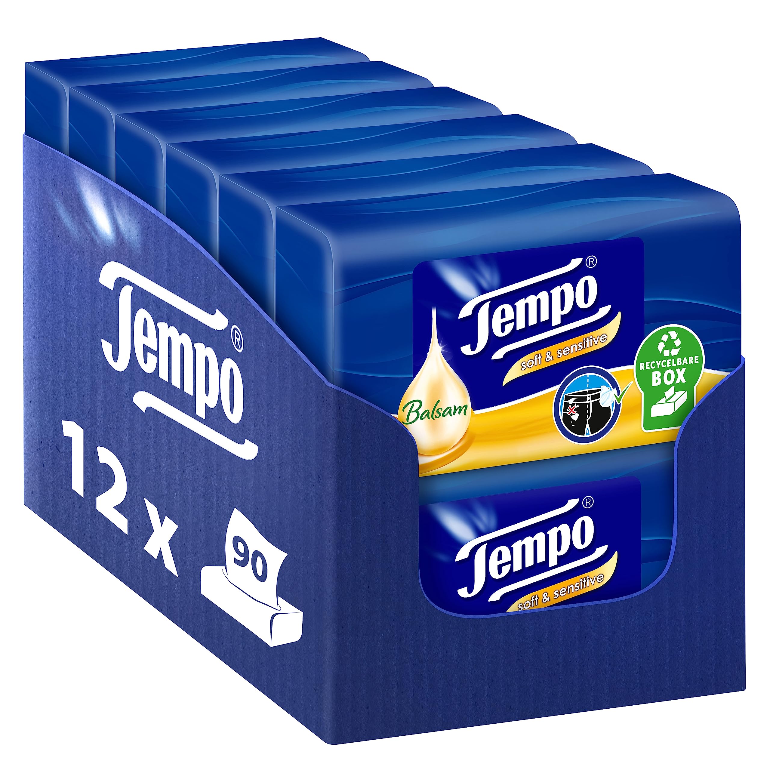 Tempo soft & sensitive Taschentücher Box - Megapack - 12 Boxen , 90 Tücher pro Box - Papiertaschentücher mit Mandelöl und Aloe Vera, waschmaschinenfest