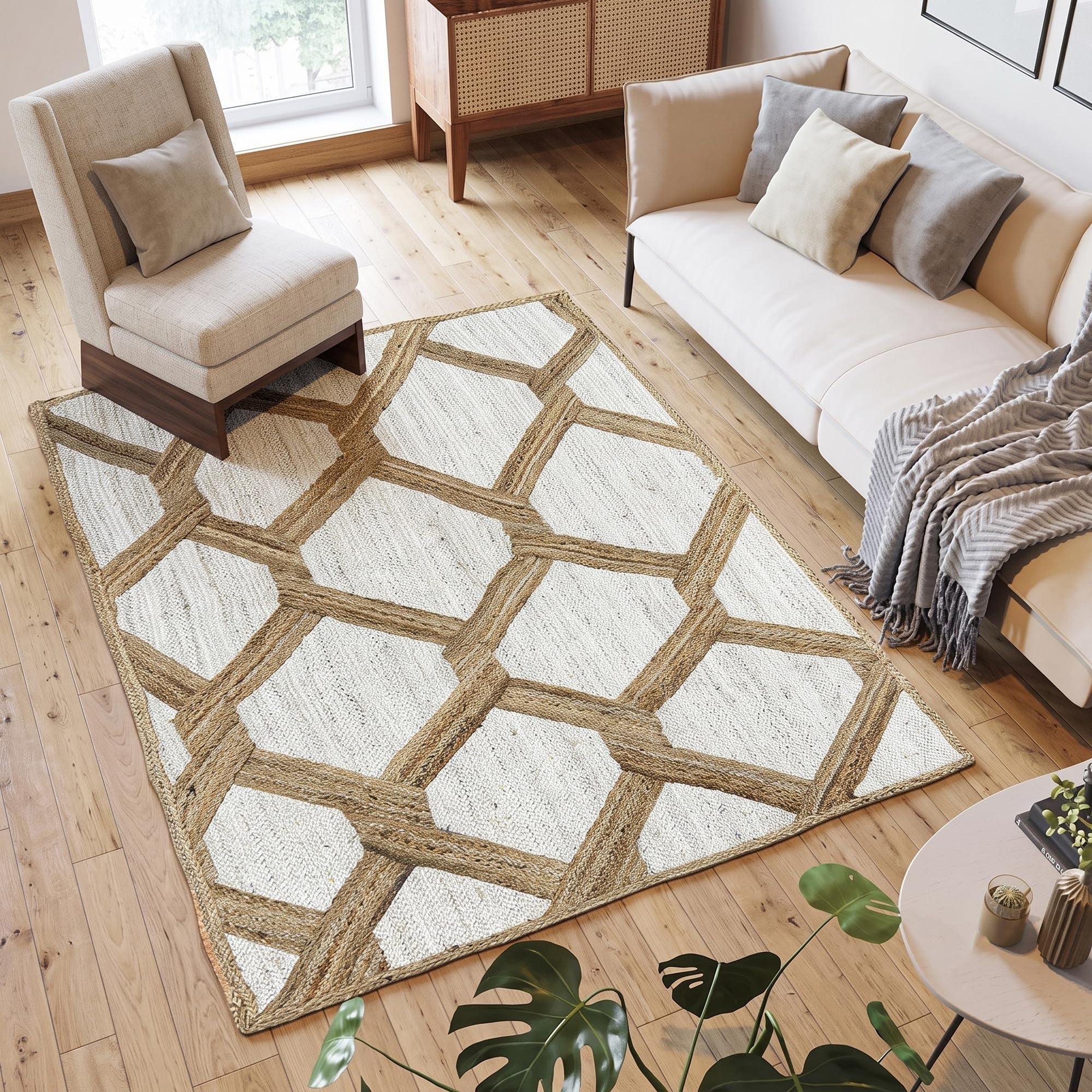 Alfombra de yute para sala de estar con rombos kilim blanco beige