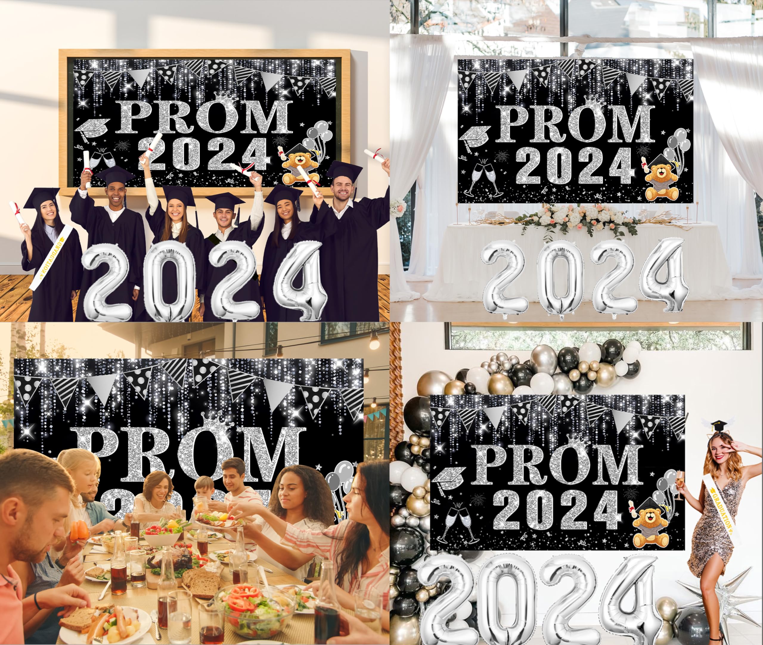 Abitoncc 4 PCS Prom Banner 2025 Silver Prom Night Decorations 2025 Backdrop Silver 2025 Foil Balloons for High School College Class of 2025 - Image 4