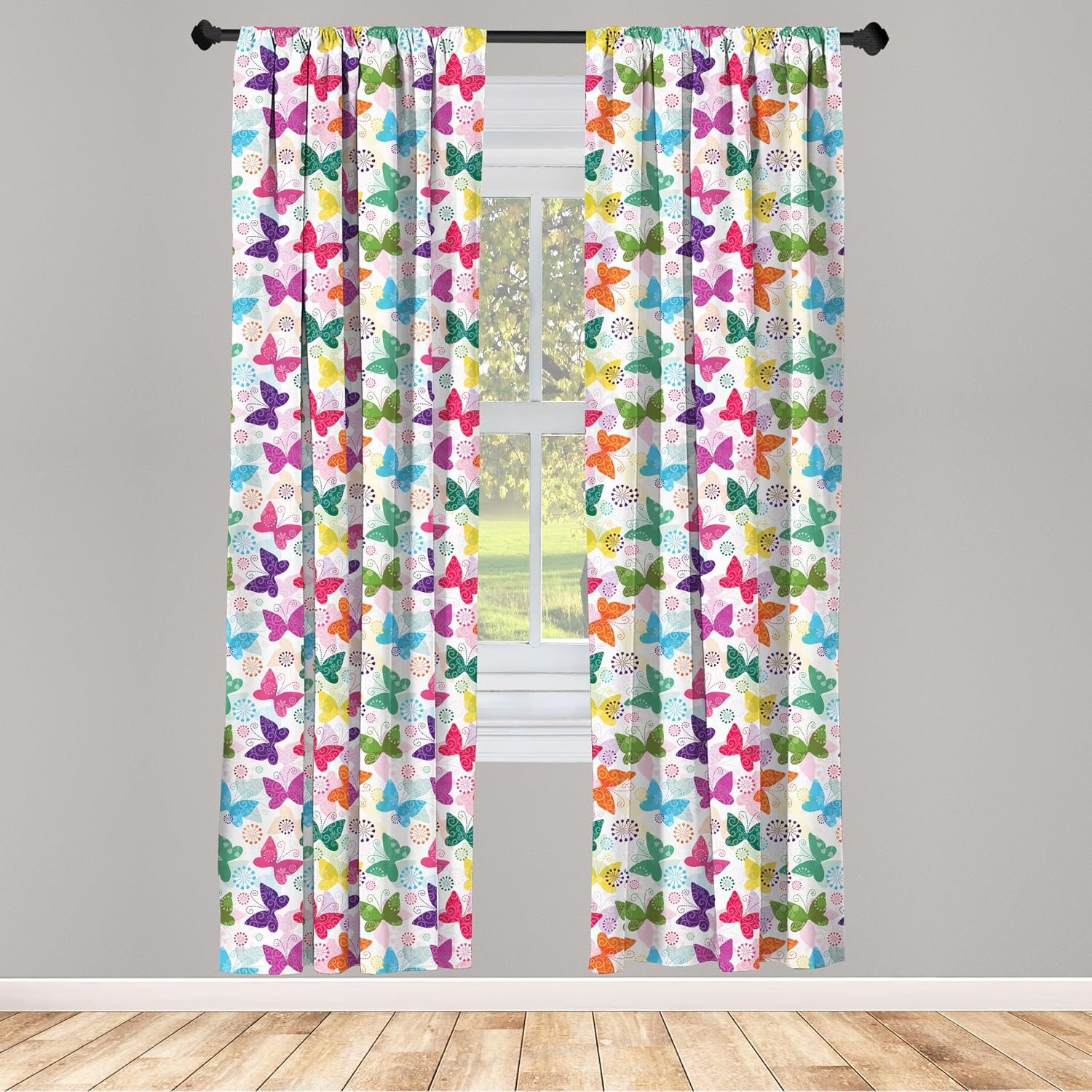 Ambesonne Butterfly Curtains, Surreal Animal Silhouettes with Floral Elements Faded Colors Romantic Design, Window Treatments 2 Panel Set for Living Room Bedroom, Pair of - 28" x 95", Multicolor White