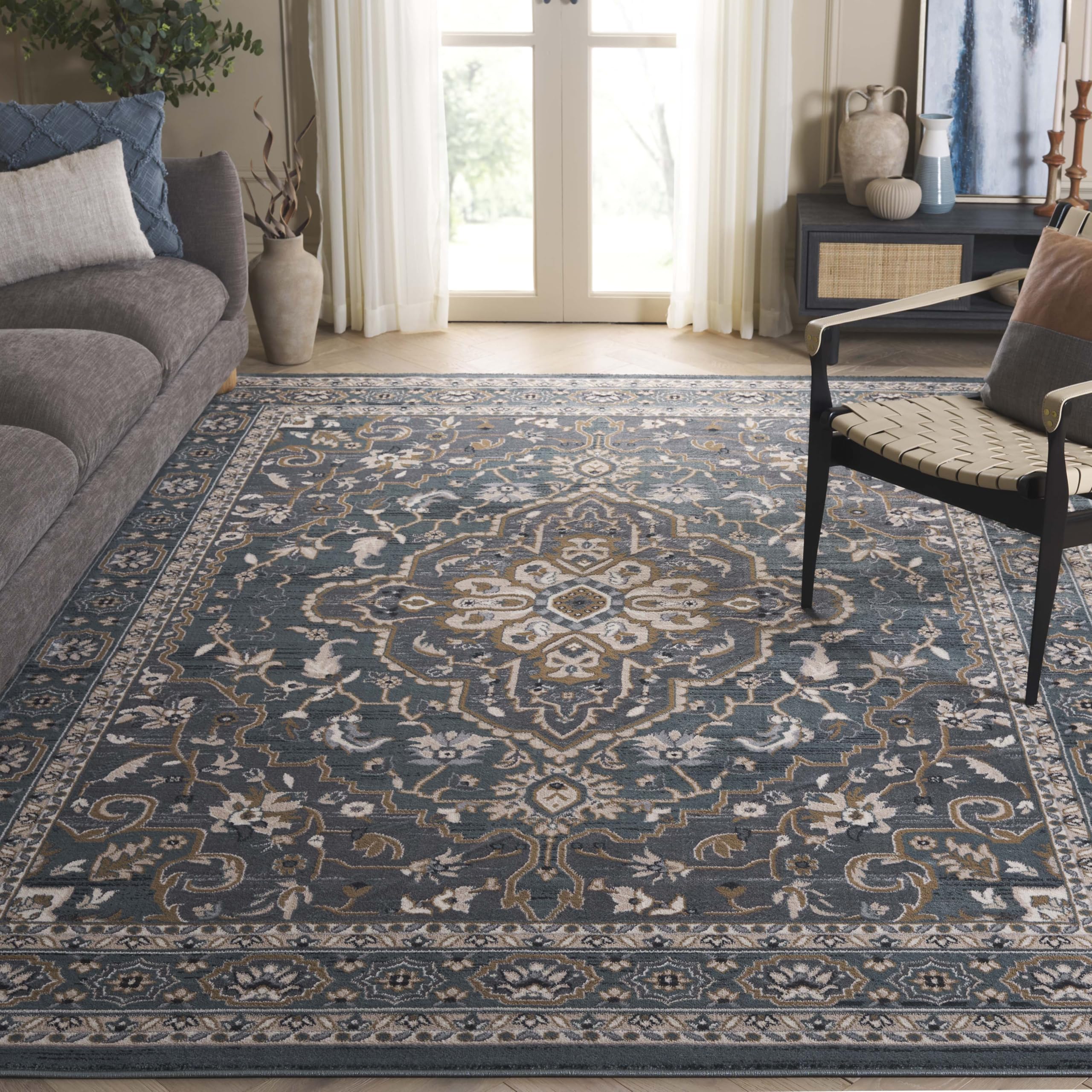SAFAVIEH Lyndhurst Collection Area Rug - 11' x 15', Teal & Grey, Non-Shedding & Easy Care, Ideal for High Traffic Areas in The Living Room, Dining,