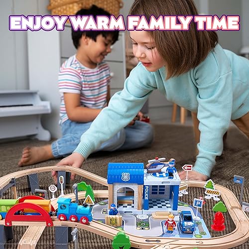 Miniatura 7 de Juego de tren de madera de 102 piezas para niños de 3 a 8 años, pista expandible y personalizable, juguete STEM seguro, no tóxico, regalo para niños