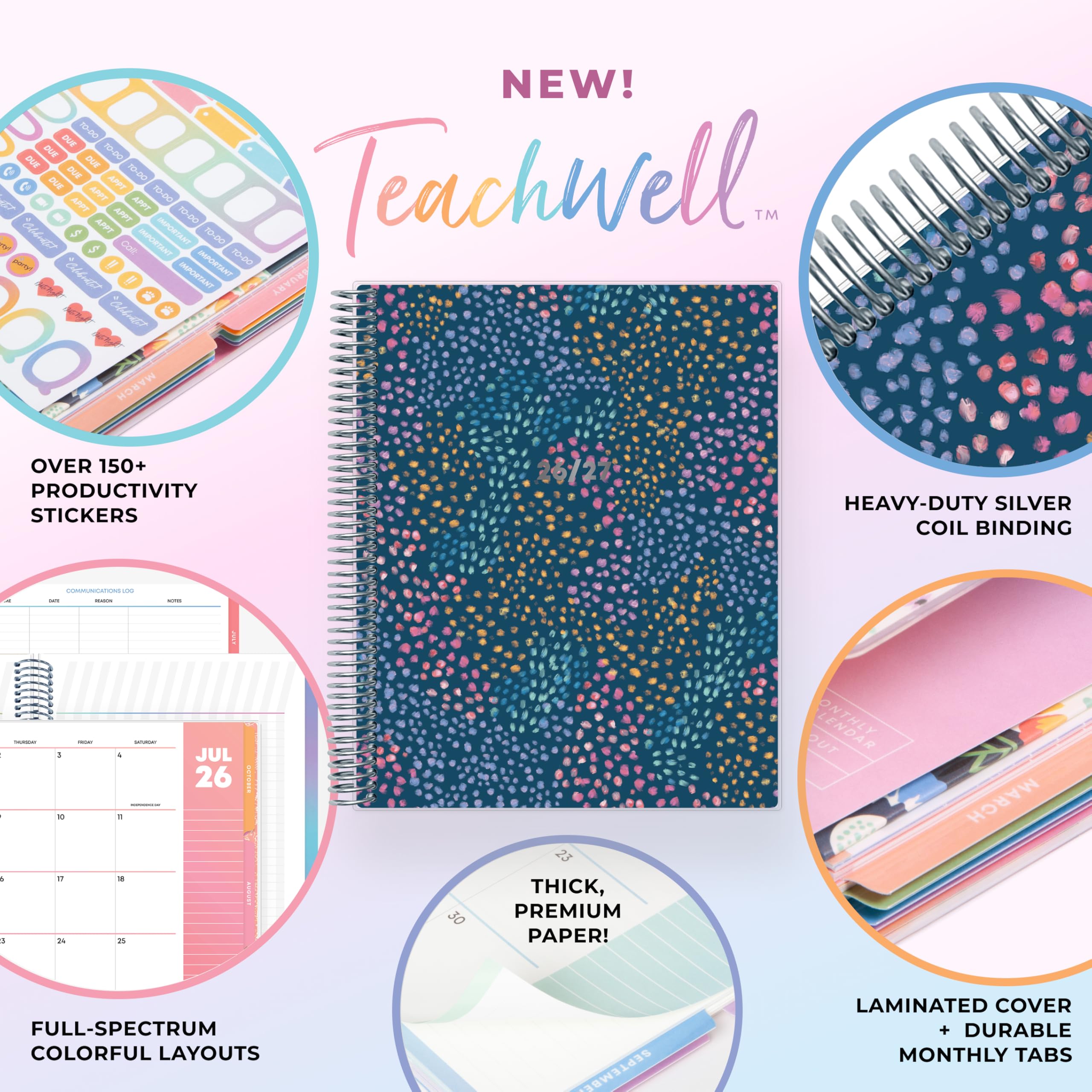 Blue Sky Teachwell Calendario settimanale e mensile 2026-2027, per insegnanti, anno accademico, luglio 2026-2027, 21,6 x 27,9 cm, copertina flessibile, rilegatura a spirale resistente, interno