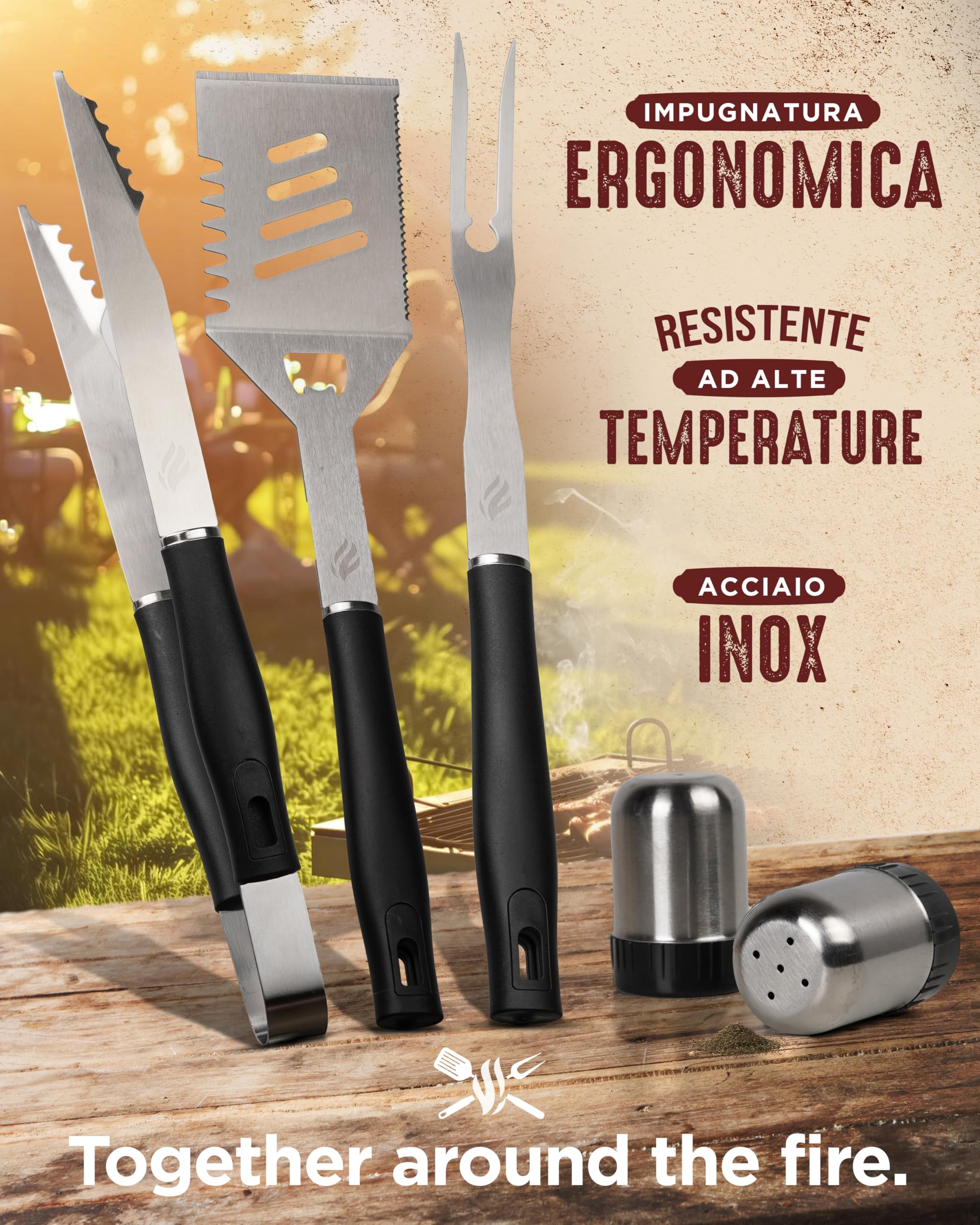 HORUS 23® Set Barbecue con Guanto Ignifugo, Tappetino Griglia e Grembiule Oxford Acciaio Inox