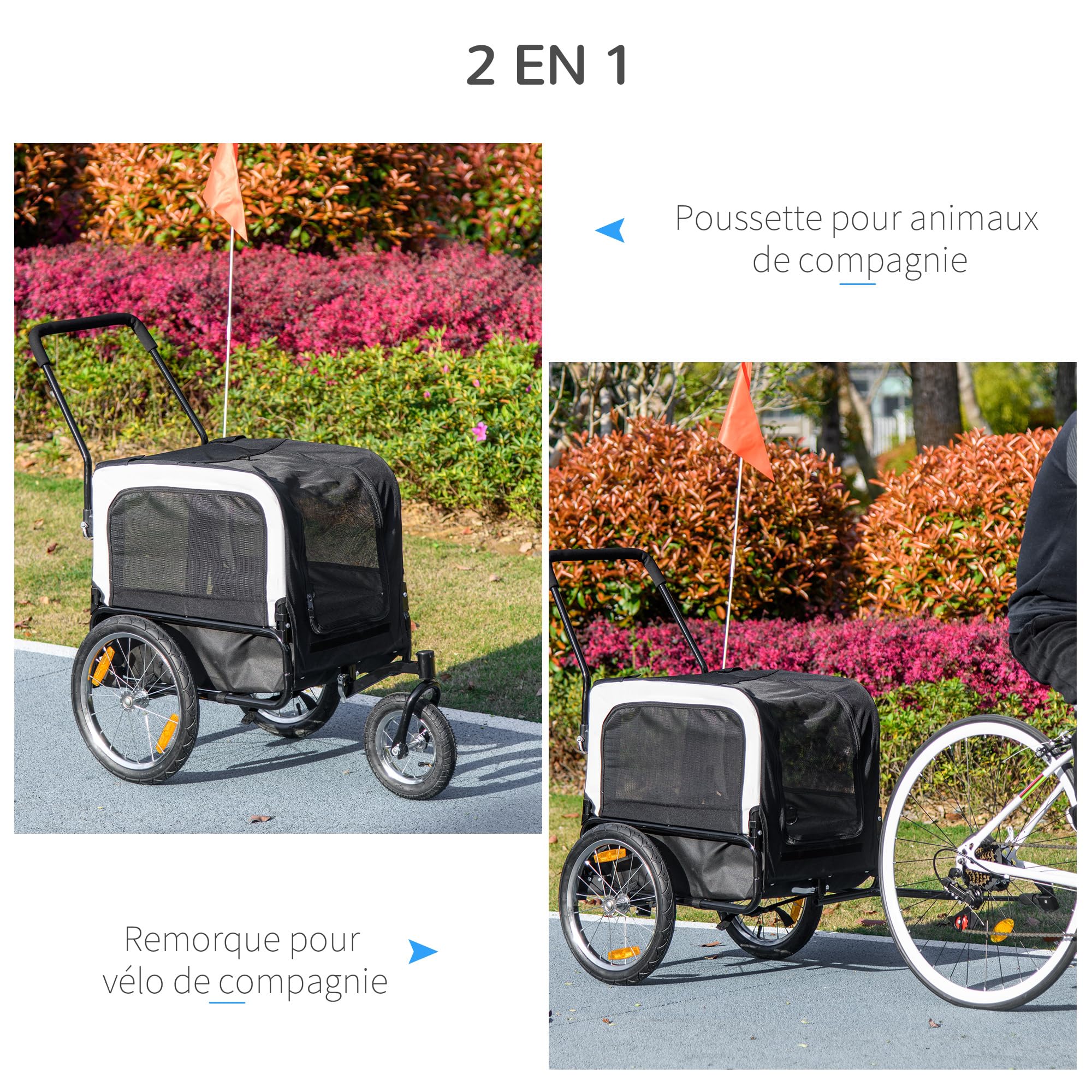 PawHut Remorque vélo Jogger 2 en 1 pour Animaux de Compagnie, remorque à vélo pour Chien, Laisse de sécurité Drapeau Roue Avant pivotante réflecteurs Noir